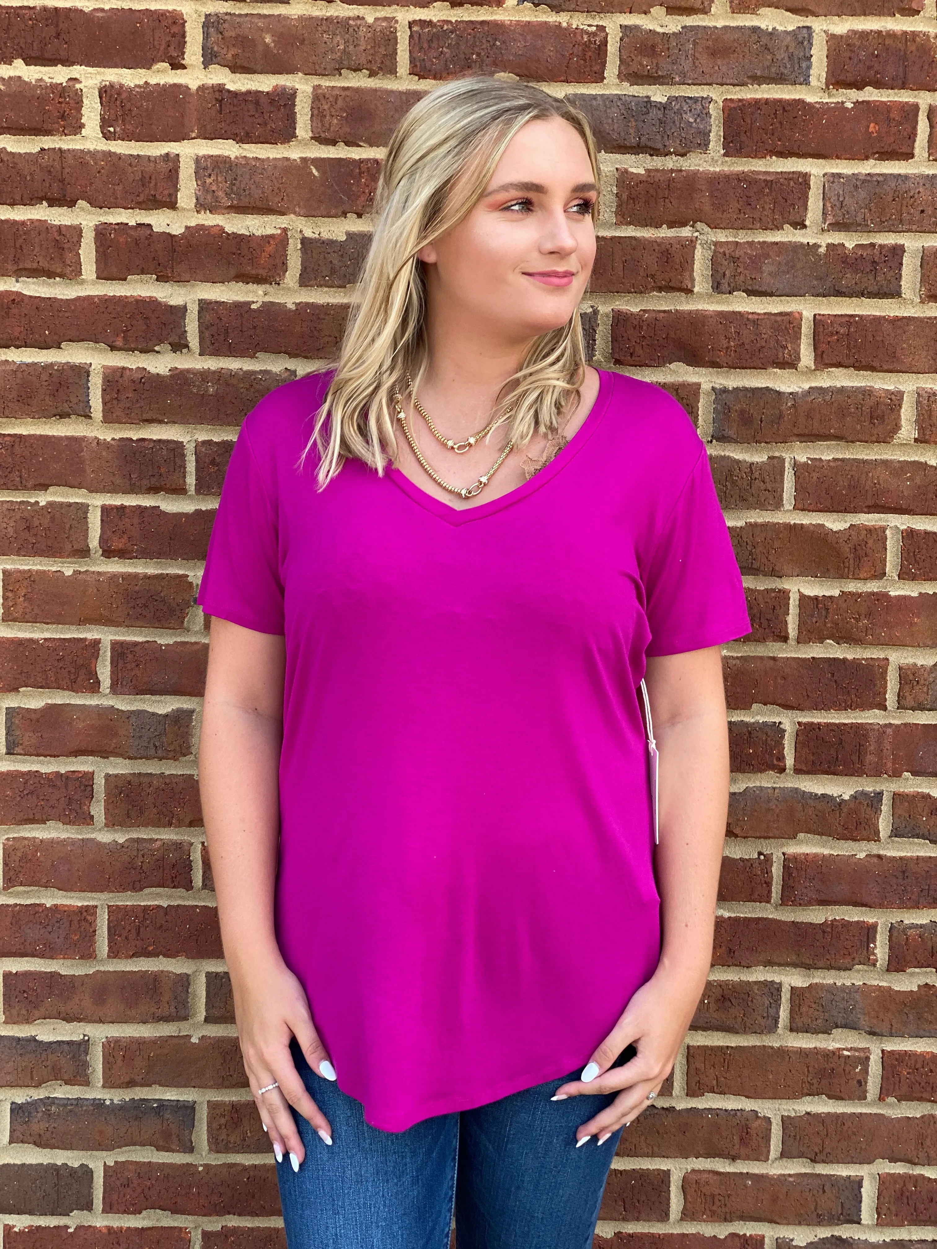 Megan Vneck Tee in Vivid Magenta by Another Love