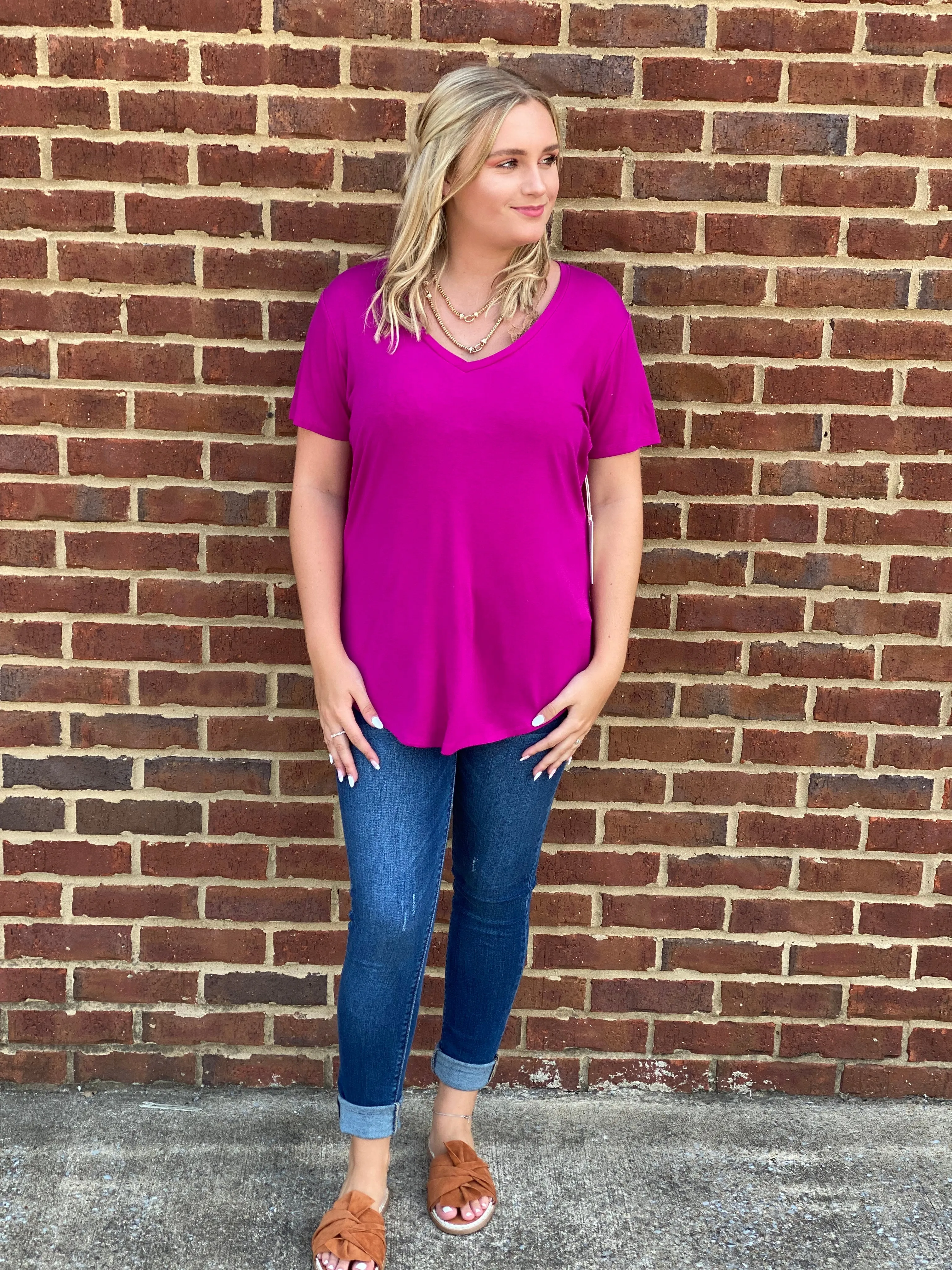 Megan Vneck Tee in Vivid Magenta by Another Love