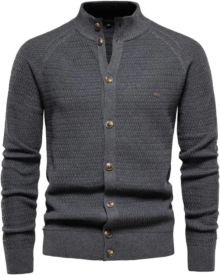 Men's Cardigan Sweaters Textured Button Down Sweater Open Front Cardigan Stand Collar Jacket Long Sleeve Cardigan