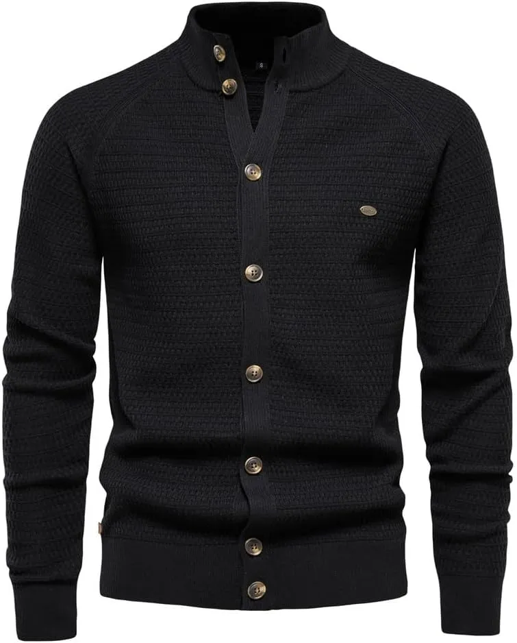 Men's Cardigan Sweaters Textured Button Down Sweater Open Front Cardigan Stand Collar Jacket Long Sleeve Cardigan