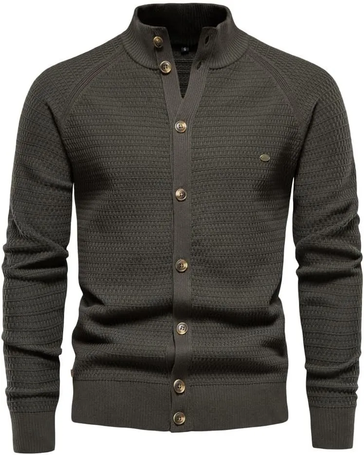 Men's Cardigan Sweaters Textured Button Down Sweater Open Front Cardigan Stand Collar Jacket Long Sleeve Cardigan