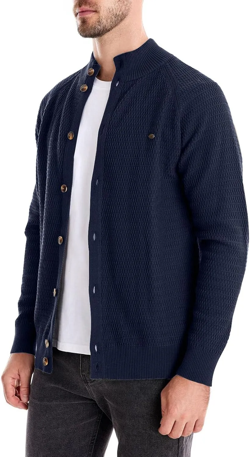 Men's Cardigan Sweaters Textured Button Down Sweater Open Front Cardigan Stand Collar Jacket Long Sleeve Cardigan