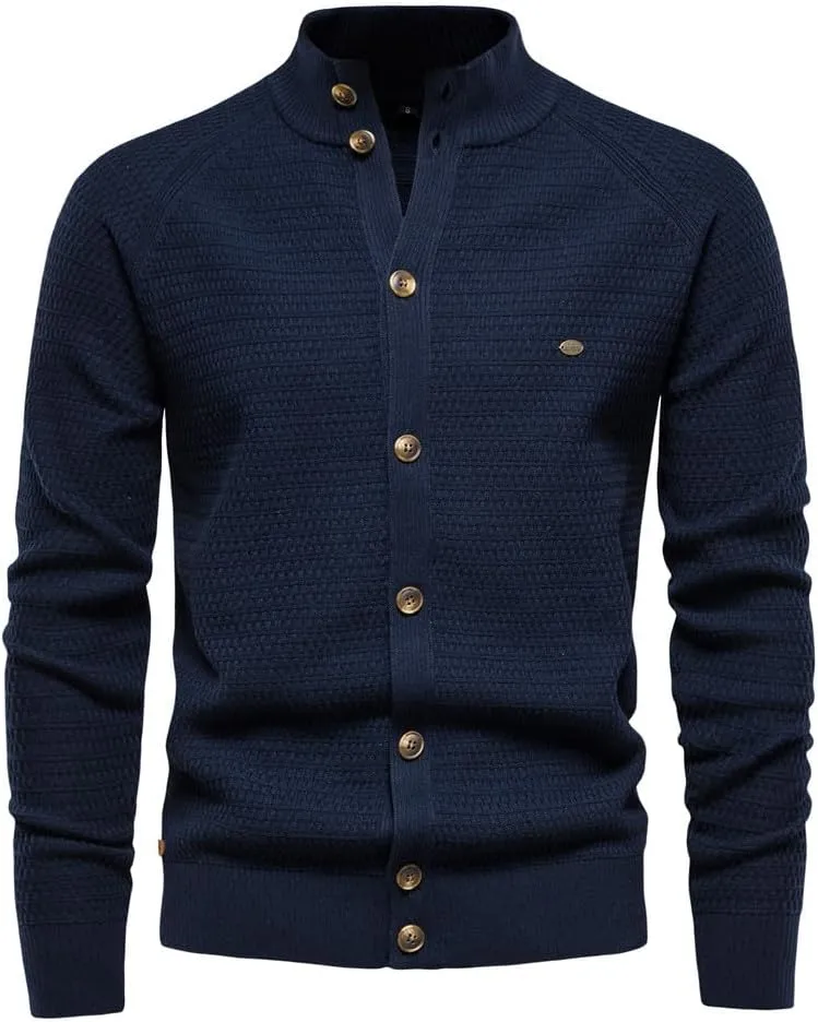 Men's Cardigan Sweaters Textured Button Down Sweater Open Front Cardigan Stand Collar Jacket Long Sleeve Cardigan
