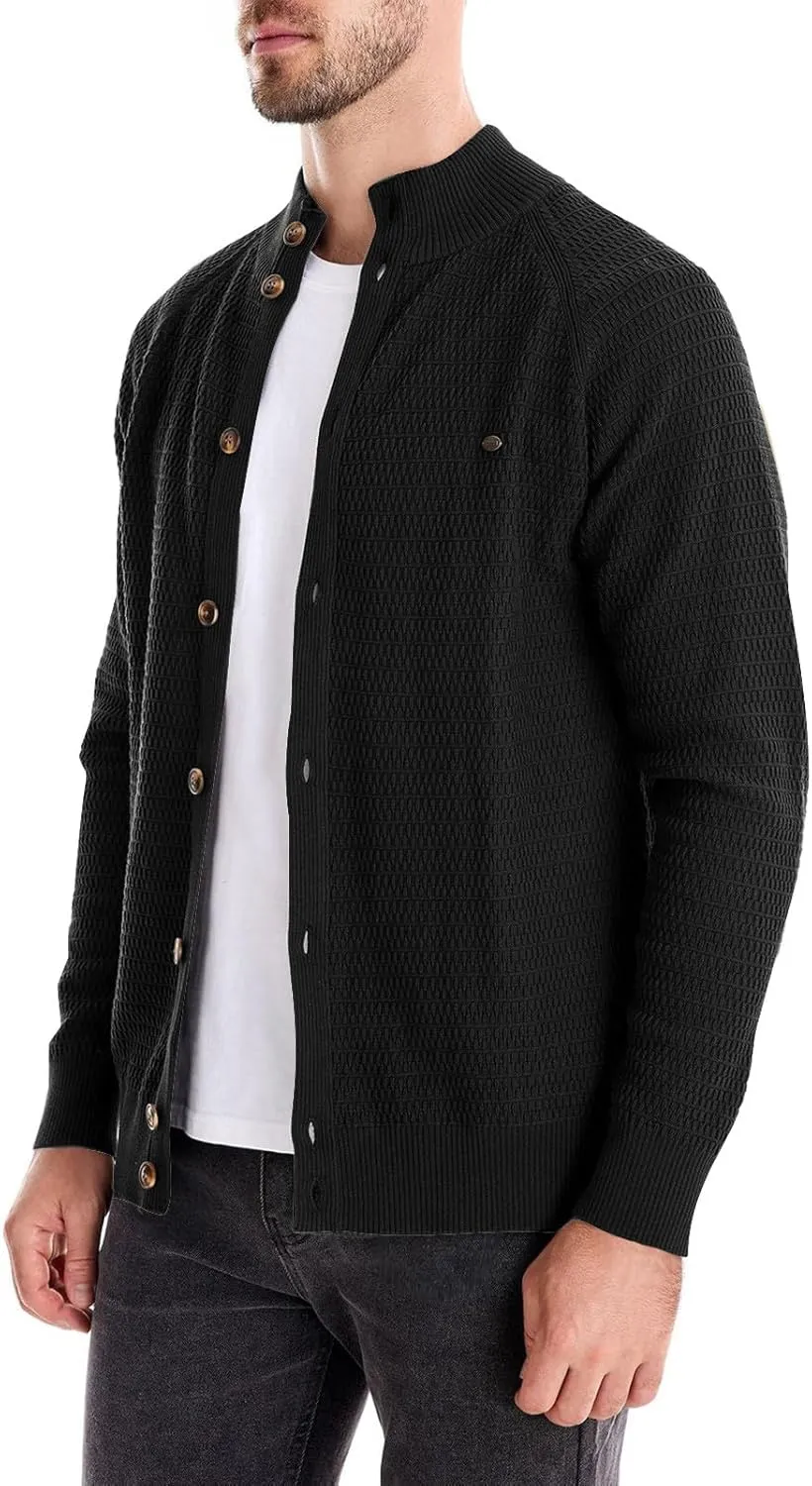Men's Cardigan Sweaters Textured Button Down Sweater Open Front Cardigan Stand Collar Jacket Long Sleeve Cardigan