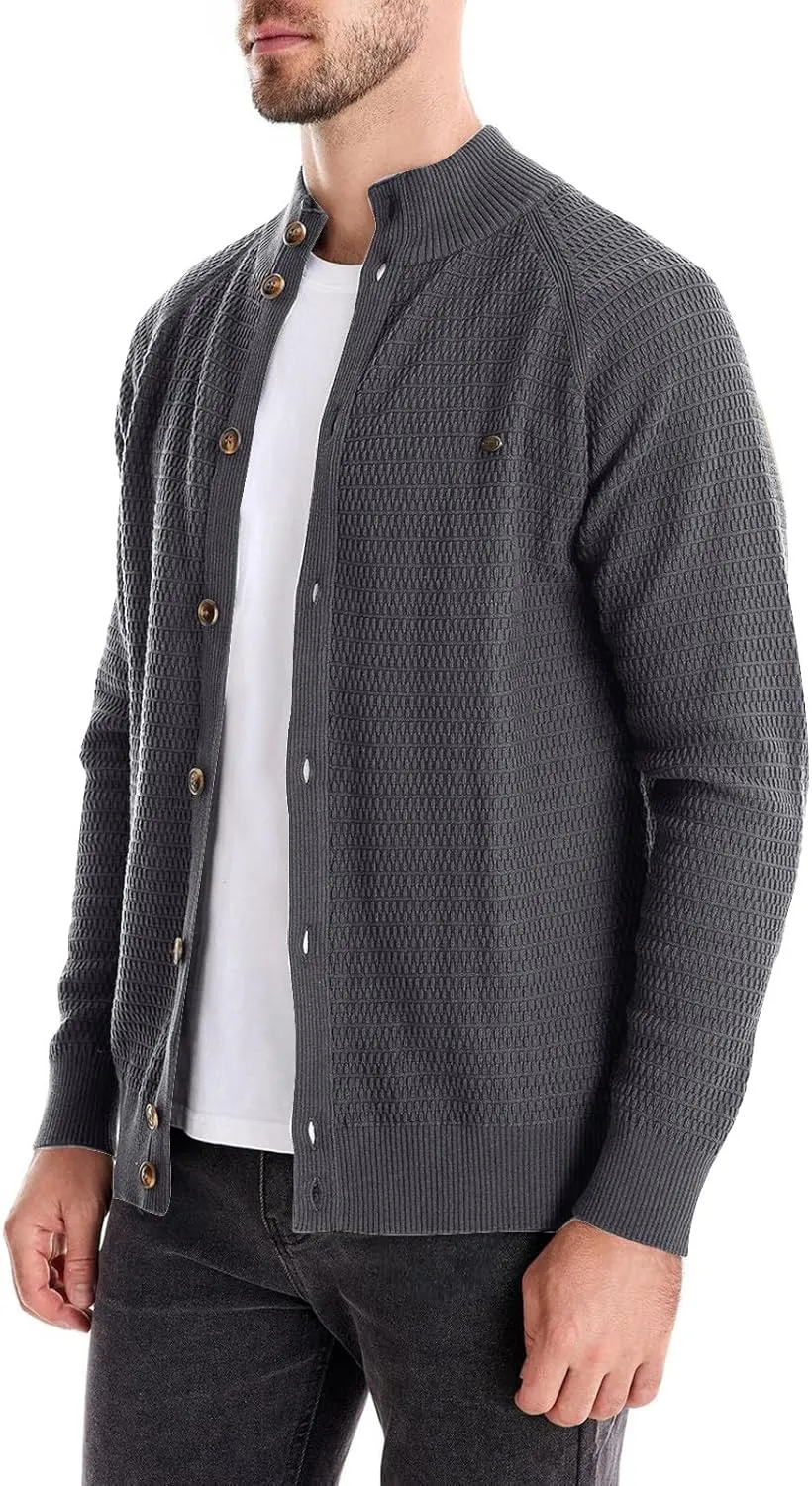Men's Cardigan Sweaters Textured Button Down Sweater Open Front Cardigan Stand Collar Jacket Long Sleeve Cardigan