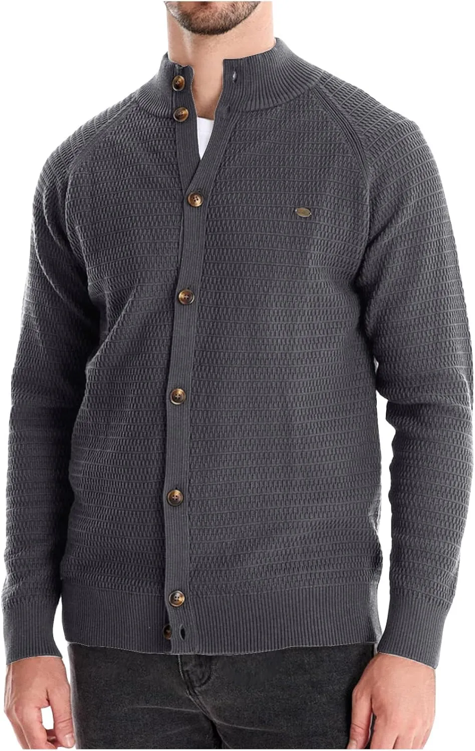 Men's Cardigan Sweaters Textured Button Down Sweater Open Front Cardigan Stand Collar Jacket Long Sleeve Cardigan