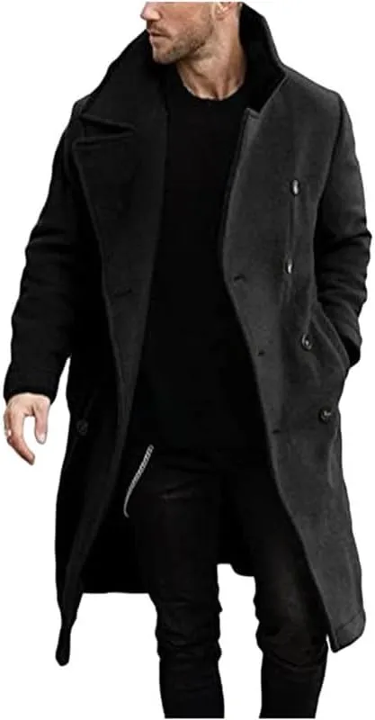 Men's Casual Long Trench Coat Notched Lapel Double Breasted Pea Coat Oversized Stylish Business Overcoat for Men