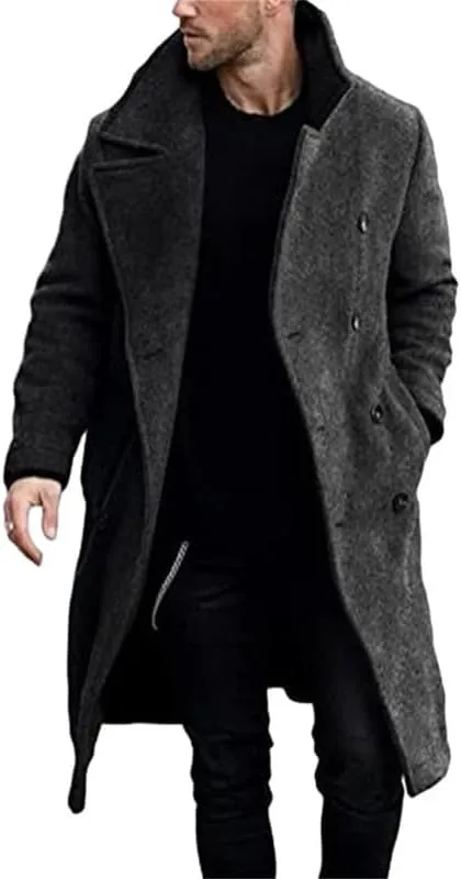 Men's Casual Long Trench Coat Notched Lapel Double Breasted Pea Coat Oversized Stylish Business Overcoat