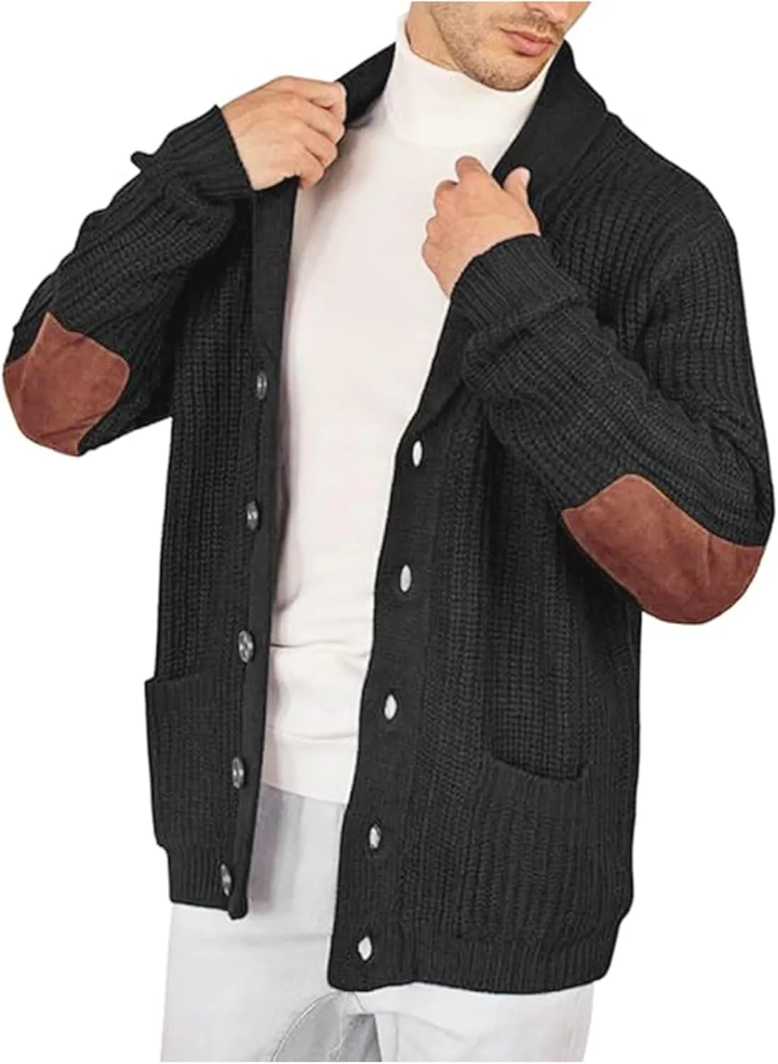 Mens Long Sleeve Lapel Collar Cardigan Sweaters Button Down Cable Knitted Sweater Casual Suede Patchwork Sweater Coat