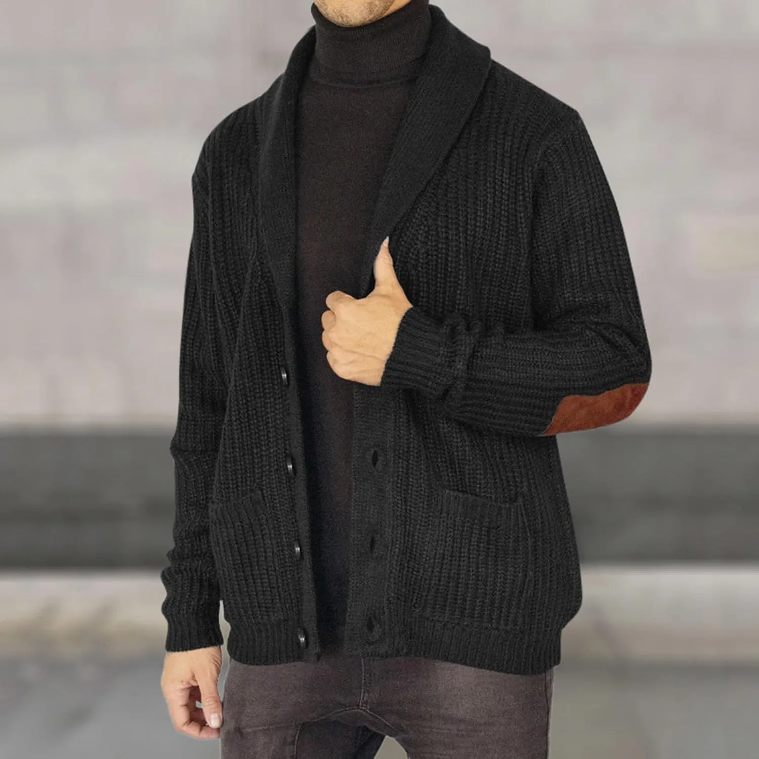 Mens Long Sleeve Lapel Collar Cardigan Sweaters Button Down Cable Knitted Sweater Casual Suede Patchwork Sweater Coat