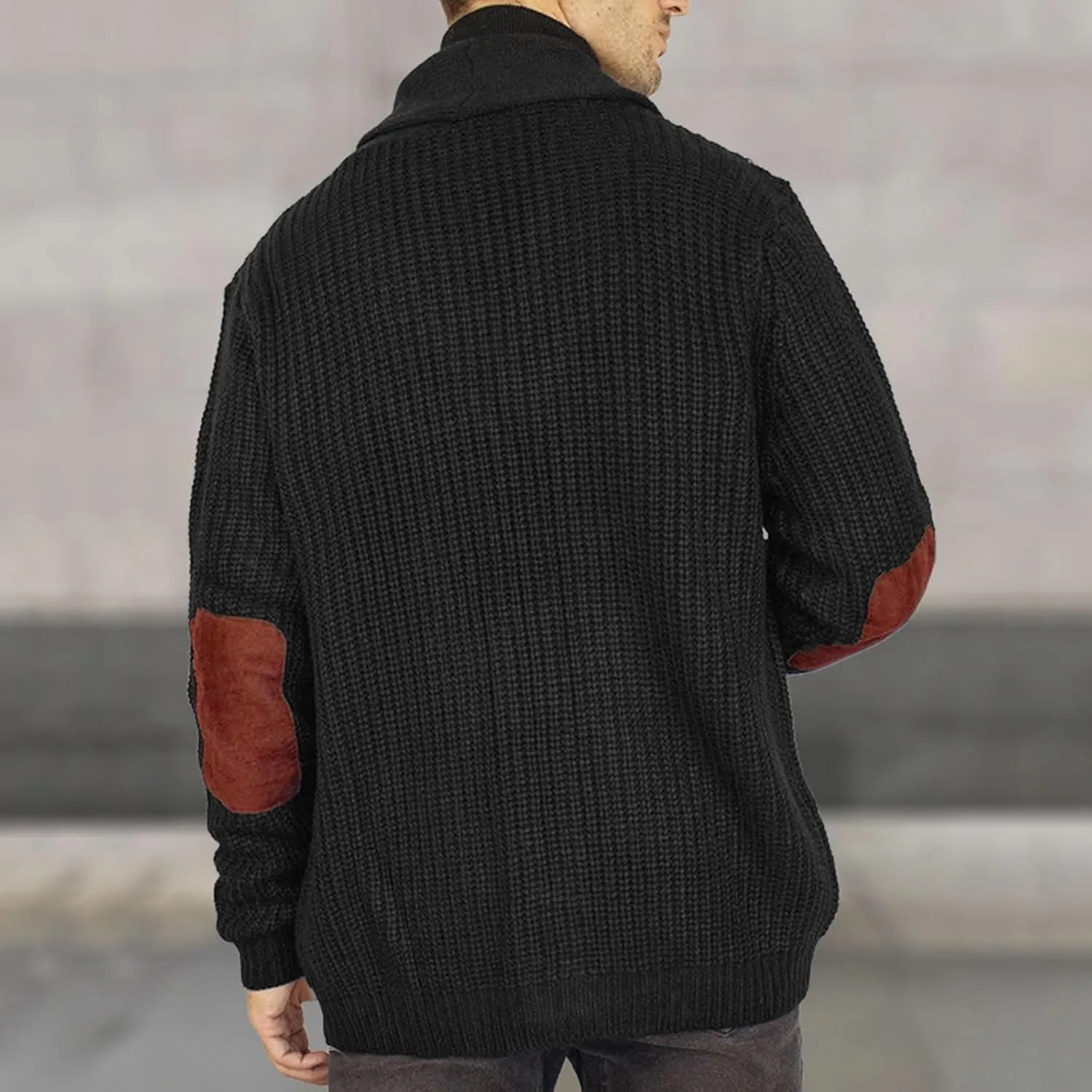 Mens Long Sleeve Lapel Collar Cardigan Sweaters Button Down Cable Knitted Sweater Casual Suede Patchwork Sweater Coat