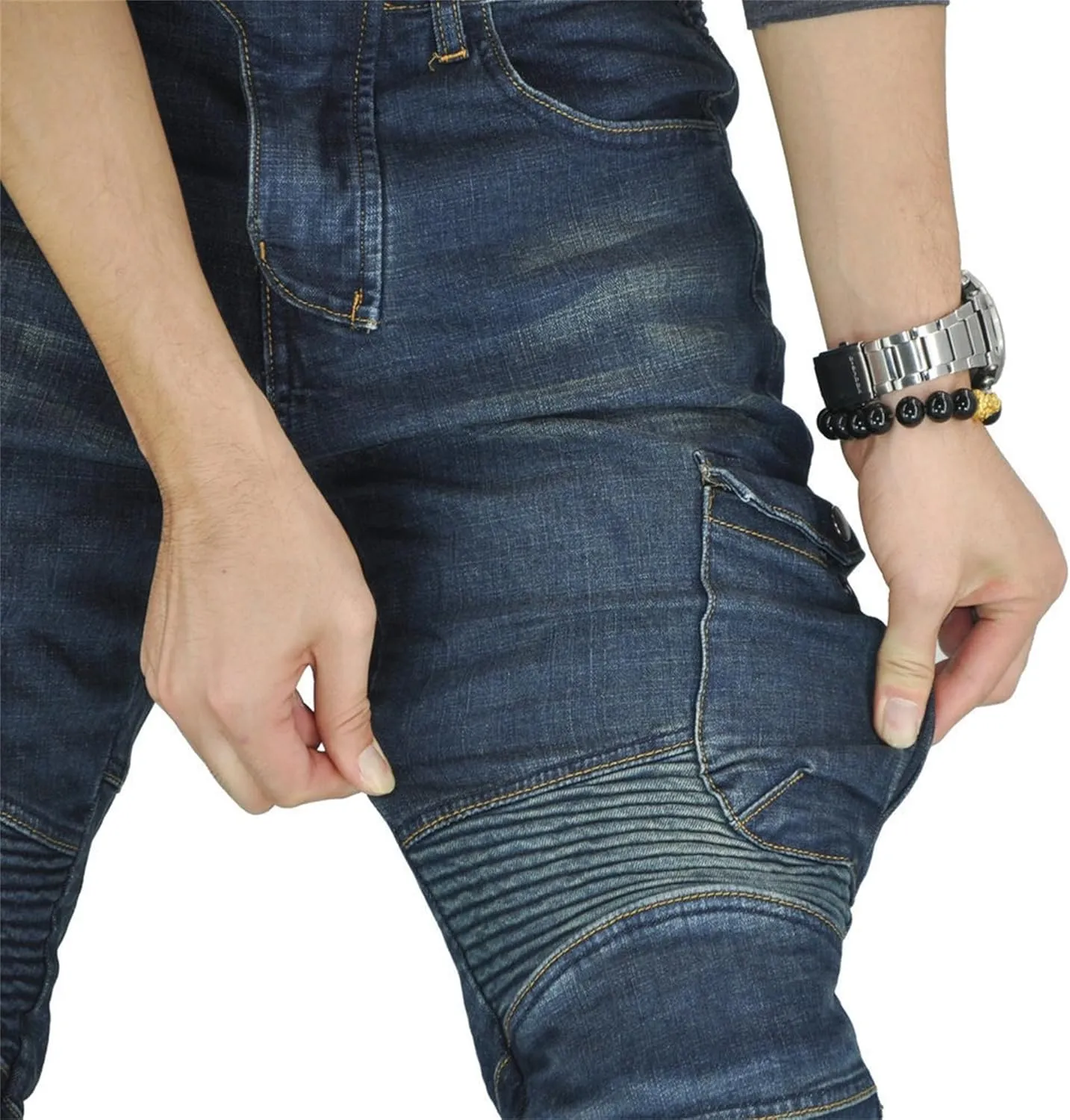 Men's Stretch Multi-Pocket Biker Jeans Slim Fit Vintage Denim Jeans Straight Leg Skinny Casual Cargo Jeans