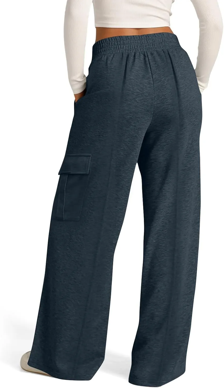 Oversized Cargo Sweatpants for Women Crossover Waisted Wide Leg Lounge Pants with Pockets Casual Comfy Athletic Pants