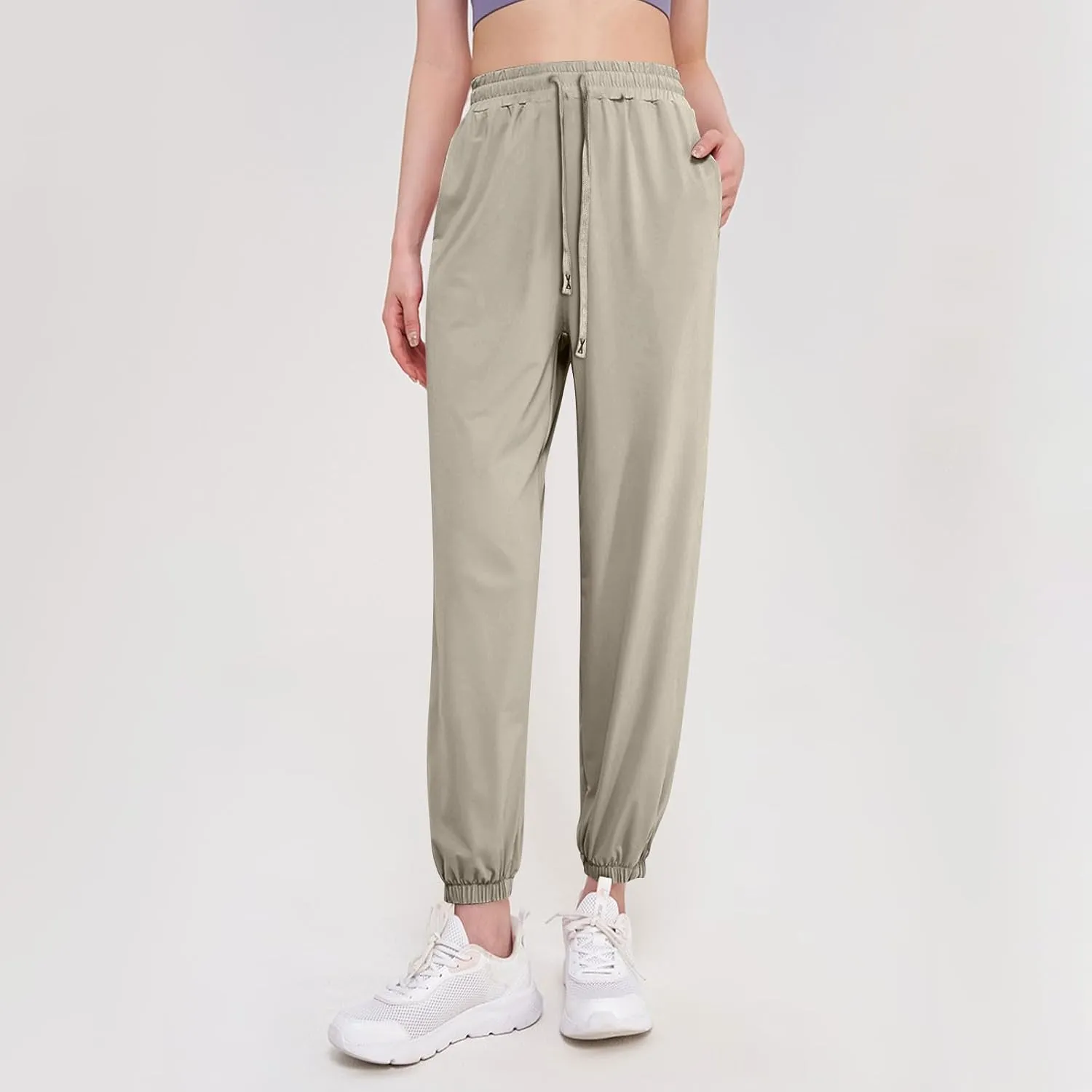 Pants Women Petite Length Stylish Ladies' Casual Solid Color Elastic Waist Drawstring Pants with Pockets