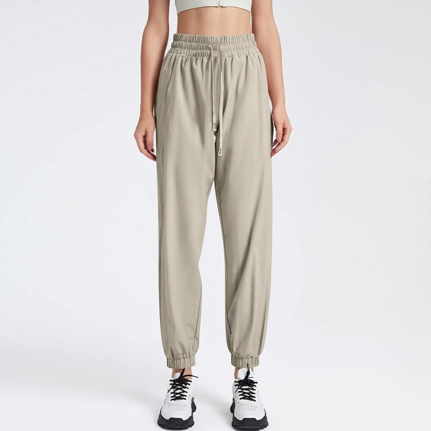 Pants Women Petite Length Stylish Ladies' Casual Solid Color Elastic Waist Drawstring Pants with Pockets