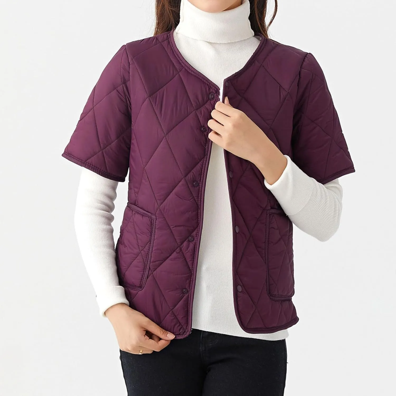 Quilted Jacket for Women 2024 Lightweight Short Sleeve Vest Casual Button Cardigan Coat with Pocket Winter Warm Outwear