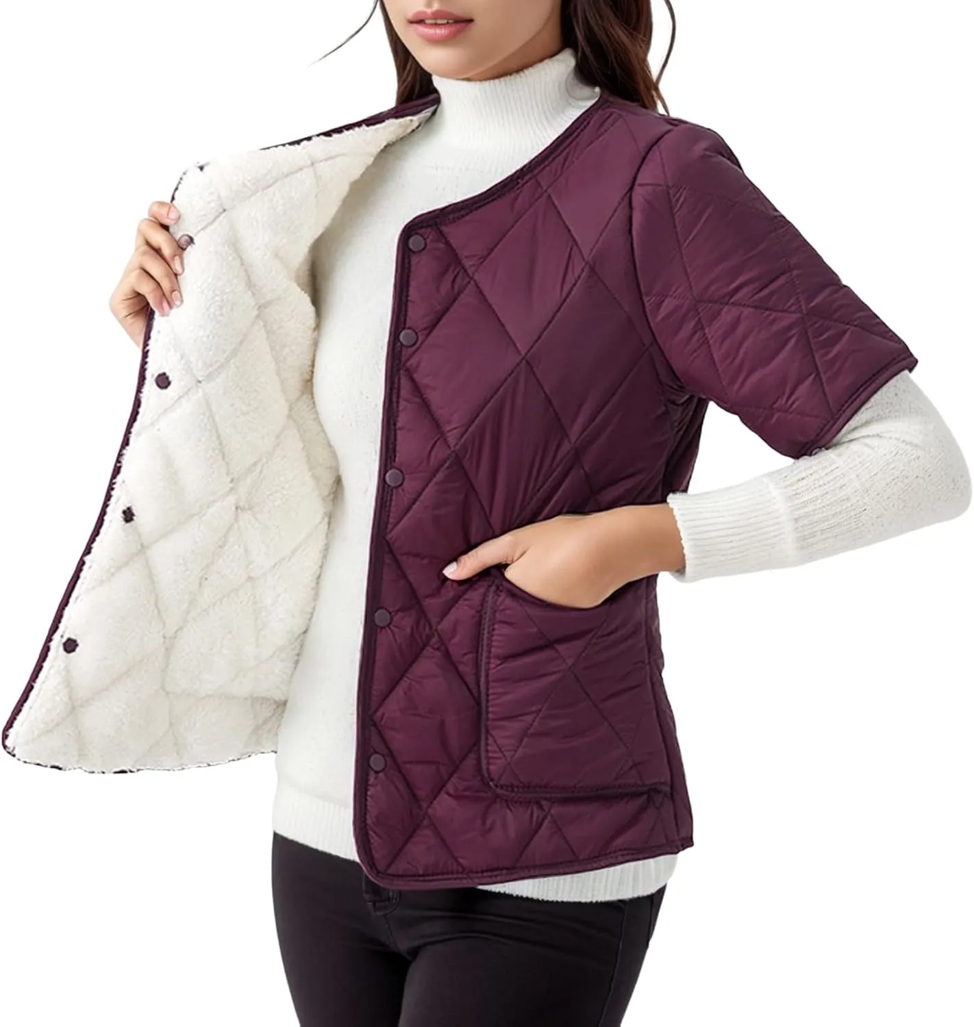 Quilted Jacket for Women 2024 Lightweight Short Sleeve Vest Casual Button Cardigan Coat with Pocket Winter Warm Outwear