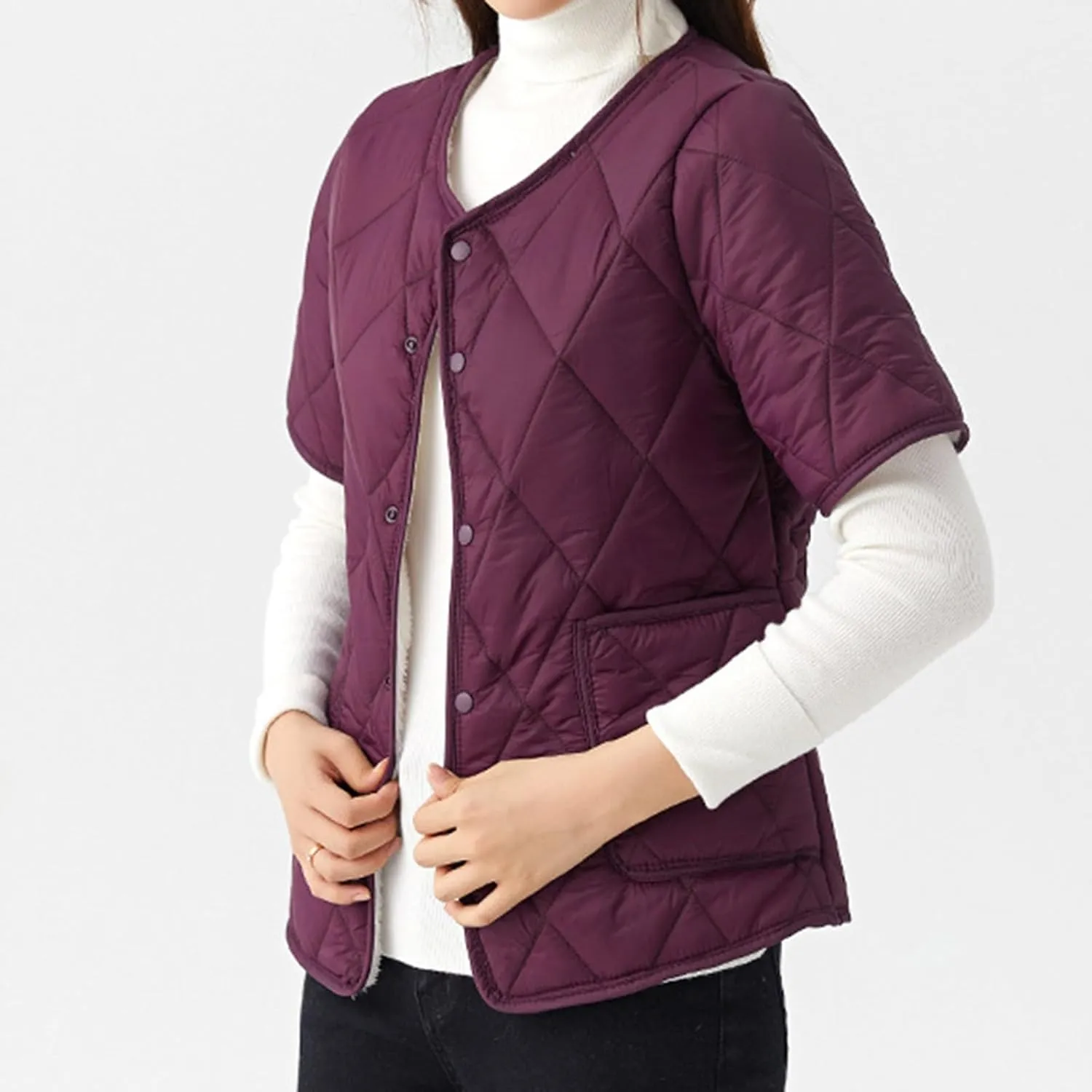 Quilted Jacket for Women 2024 Lightweight Short Sleeve Vest Casual Button Cardigan Coat with Pocket Winter Warm Outwear