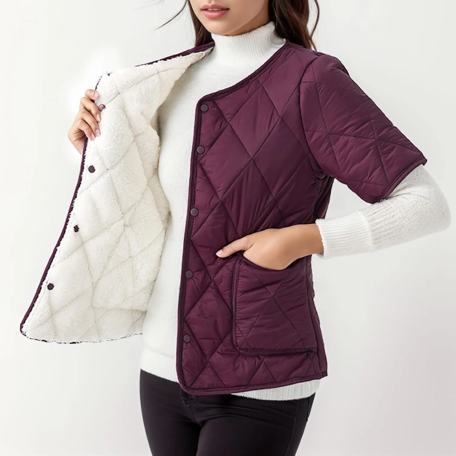Quilted Jacket for Women 2024 Lightweight Short Sleeve Vest Casual Button Cardigan Coat with Pocket Winter Warm Outwear