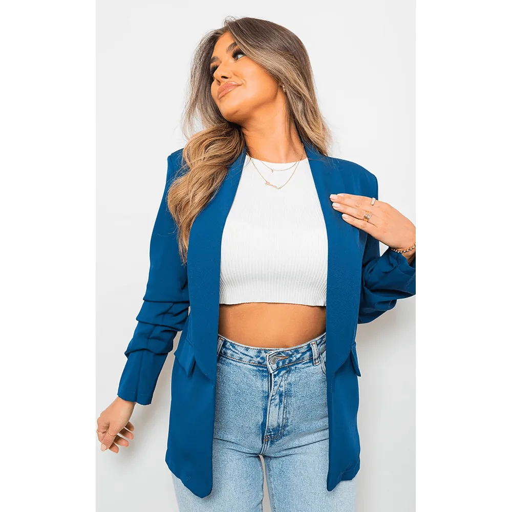 Ruched Sleeve Casual Blazer With Side Pockets