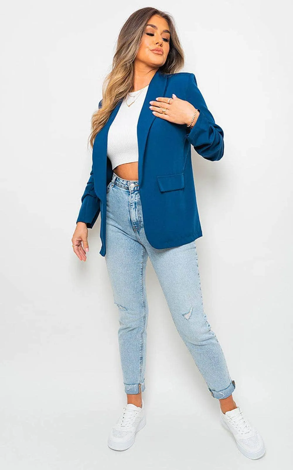 Ruched Sleeve Casual Blazer With Side Pockets