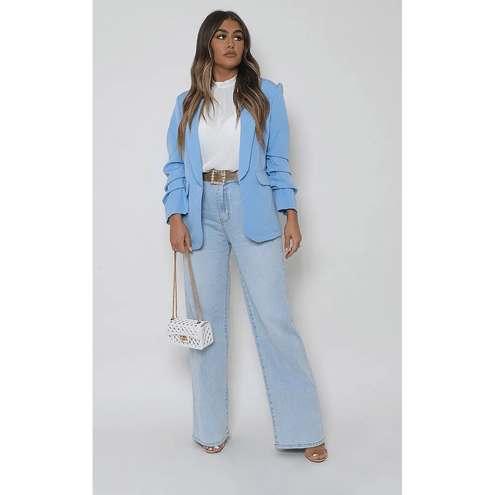 Ruched Sleeve Casual Blazer With Side Pockets
