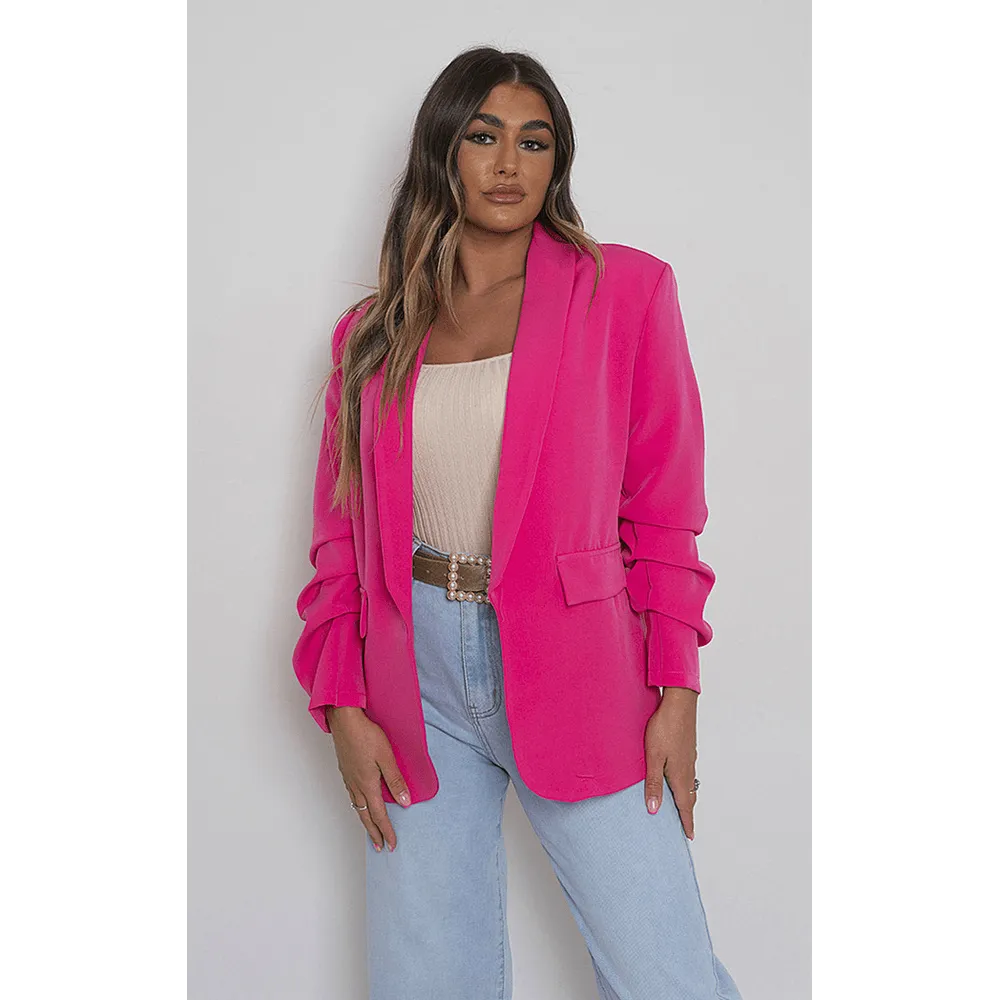 Ruched Sleeve Casual Blazer With Side Pockets