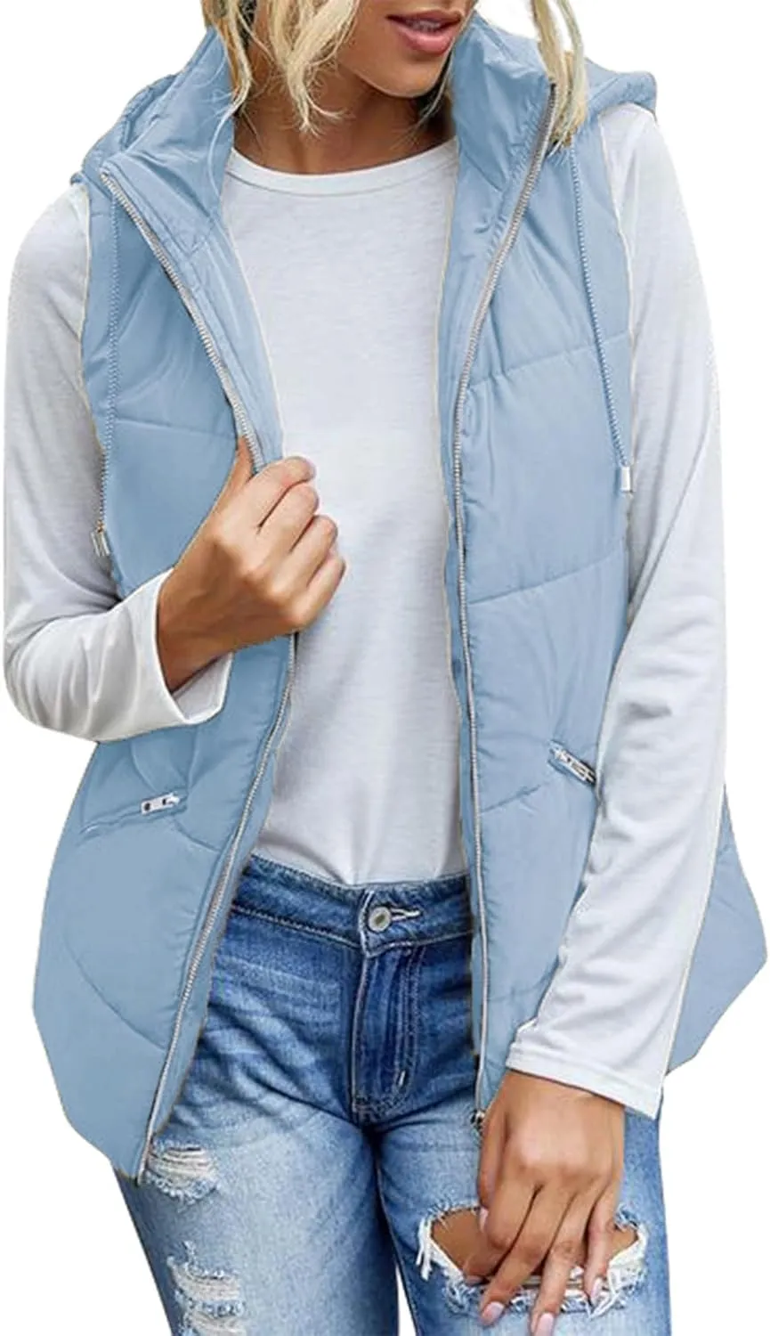 SHOPESSA Vest Women Puffer with Hood Shiny Quilted Jacket Padded Gilet Sleeveless Down Vest Thicken Warm Winter Coat