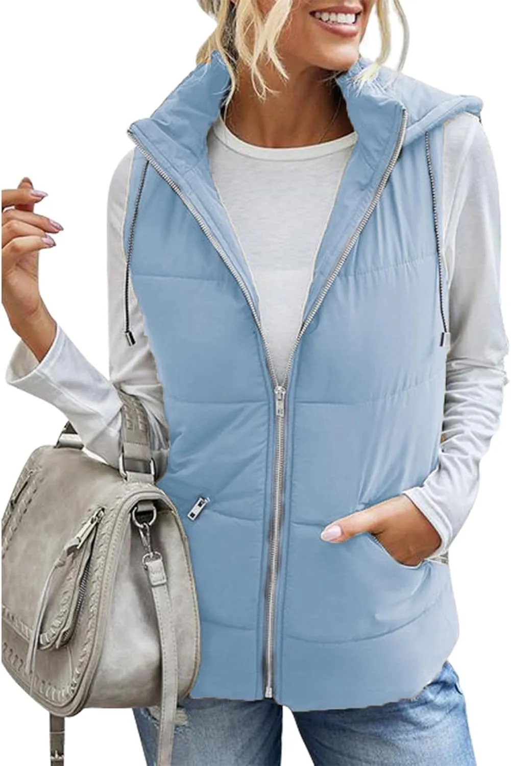 SHOPESSA Vest Women Puffer with Hood Shiny Quilted Jacket Padded Gilet Sleeveless Down Vest Thicken Warm Winter Coat