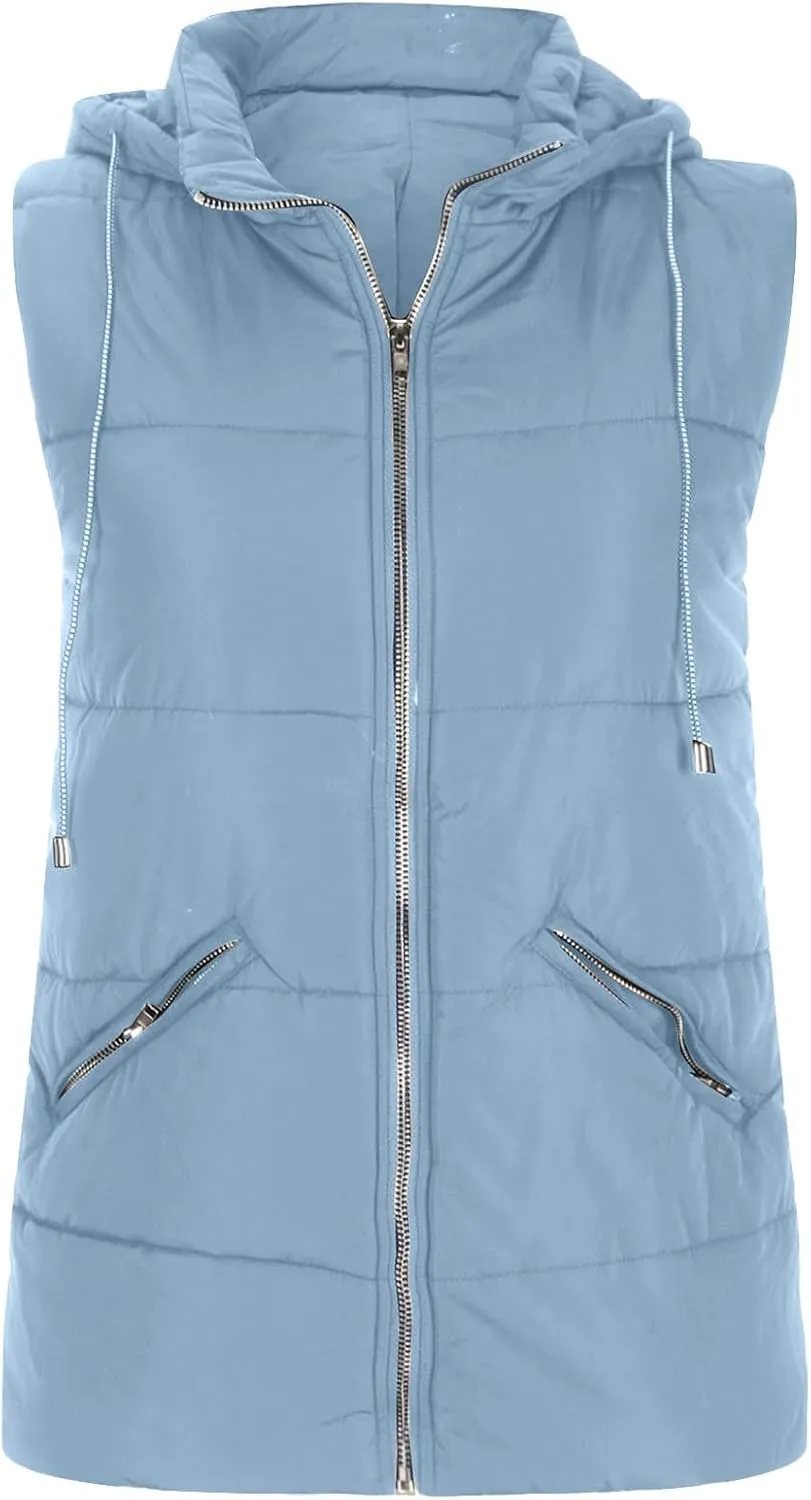 SHOPESSA Vest Women Puffer with Hood Shiny Quilted Jacket Padded Gilet Sleeveless Down Vest Thicken Warm Winter Coat