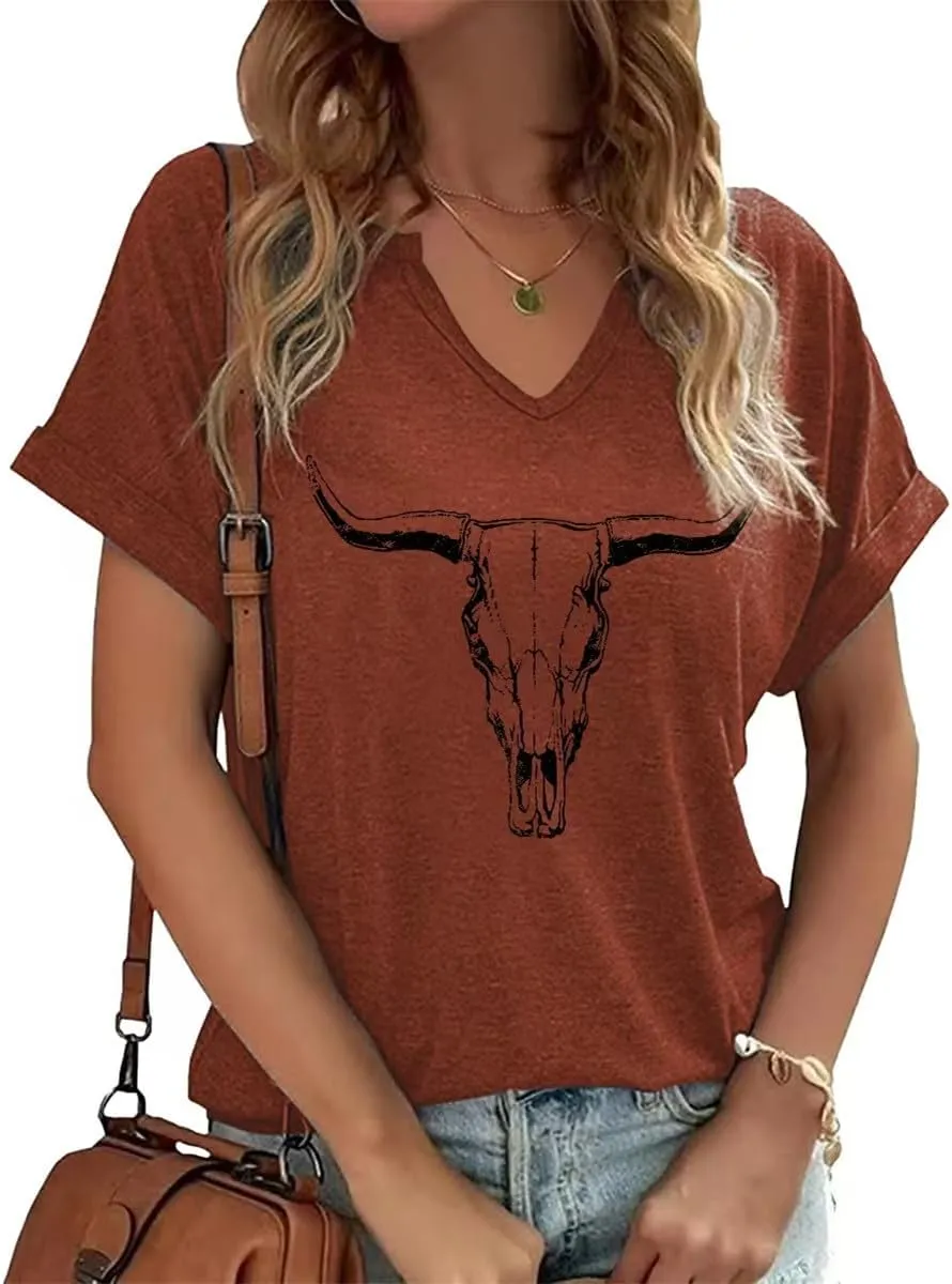 Summer Sexy V-Neck Vintage Western Rodeo Cowboy Steer Skull Shirt for Women Casual Boho Cowgirl Boots Graphic Tees