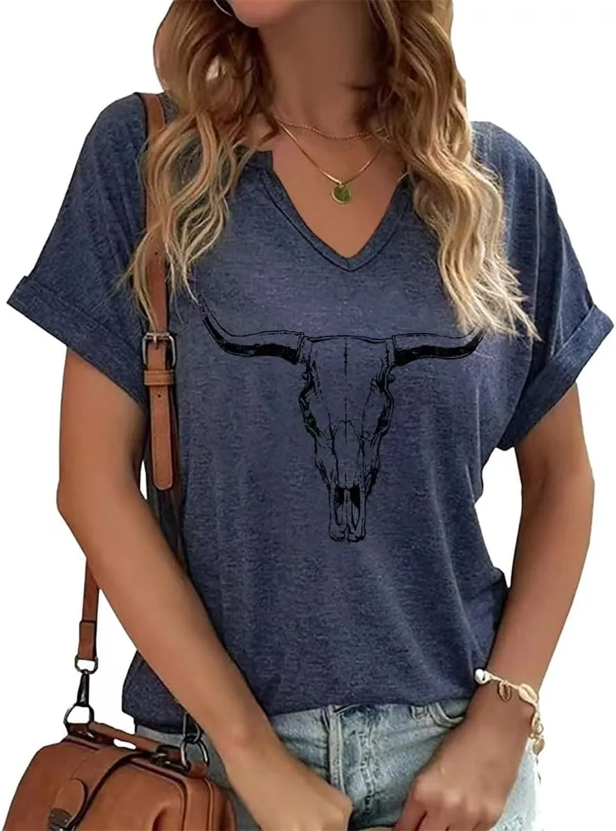 Summer Sexy V-Neck Vintage Western Rodeo Cowboy Steer Skull Shirt for Women Casual Boho Cowgirl Boots Graphic Tees