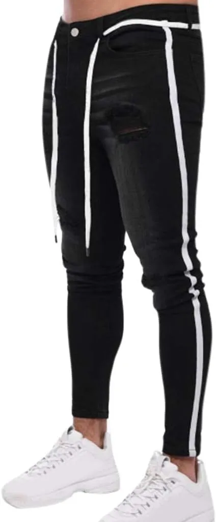 SUWBMHWE Mens Jeans Slim Fit,Mens Ripped Stretch Distressed Destroyed Jeans Skinny Jeans Side Striped Denim Pants