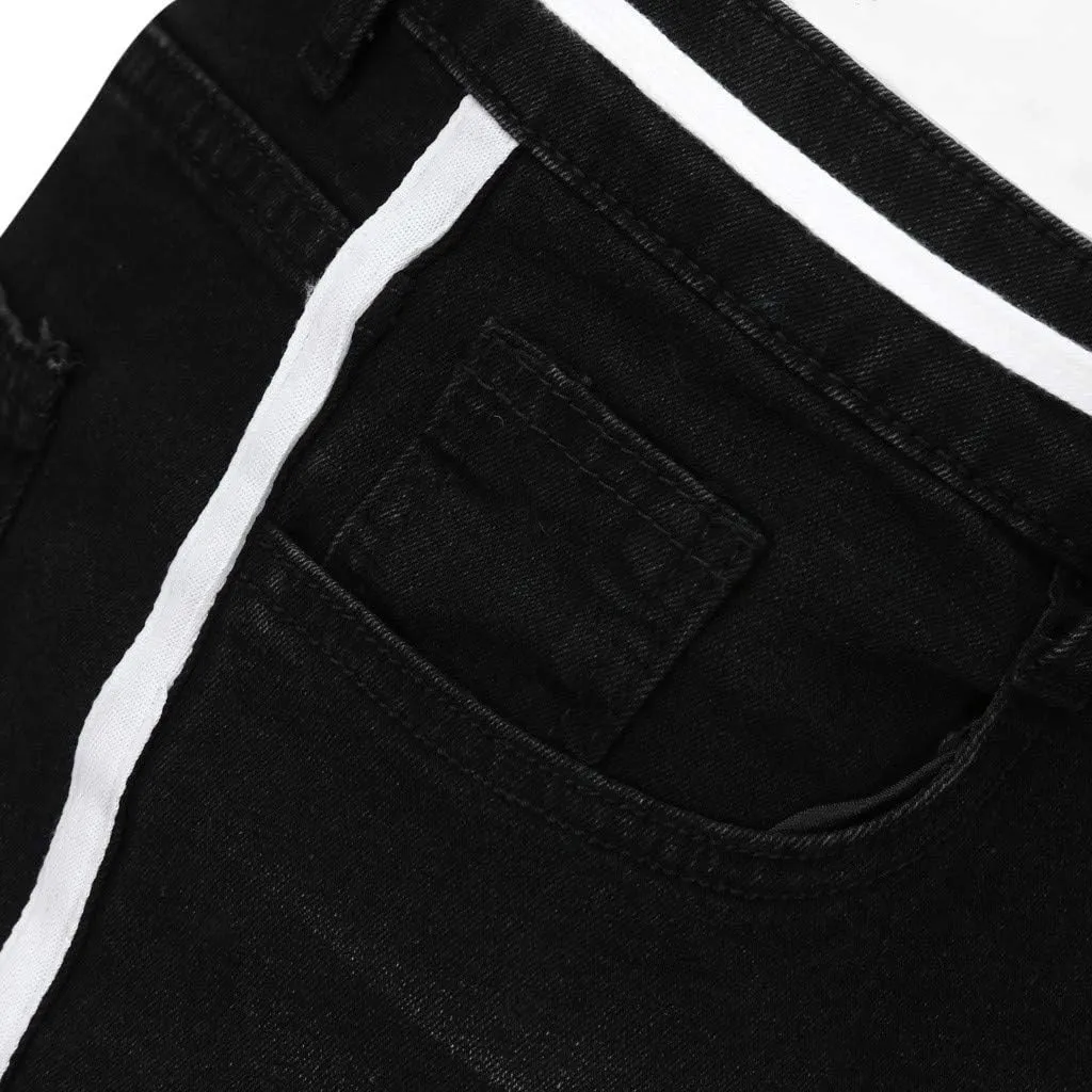 SUWBMHWE Mens Jeans Slim Fit,Mens Ripped Stretch Distressed Destroyed Jeans Skinny Jeans Side Striped Denim Pants