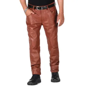Thalor Men's Tan Slim Fit Leather Pants
