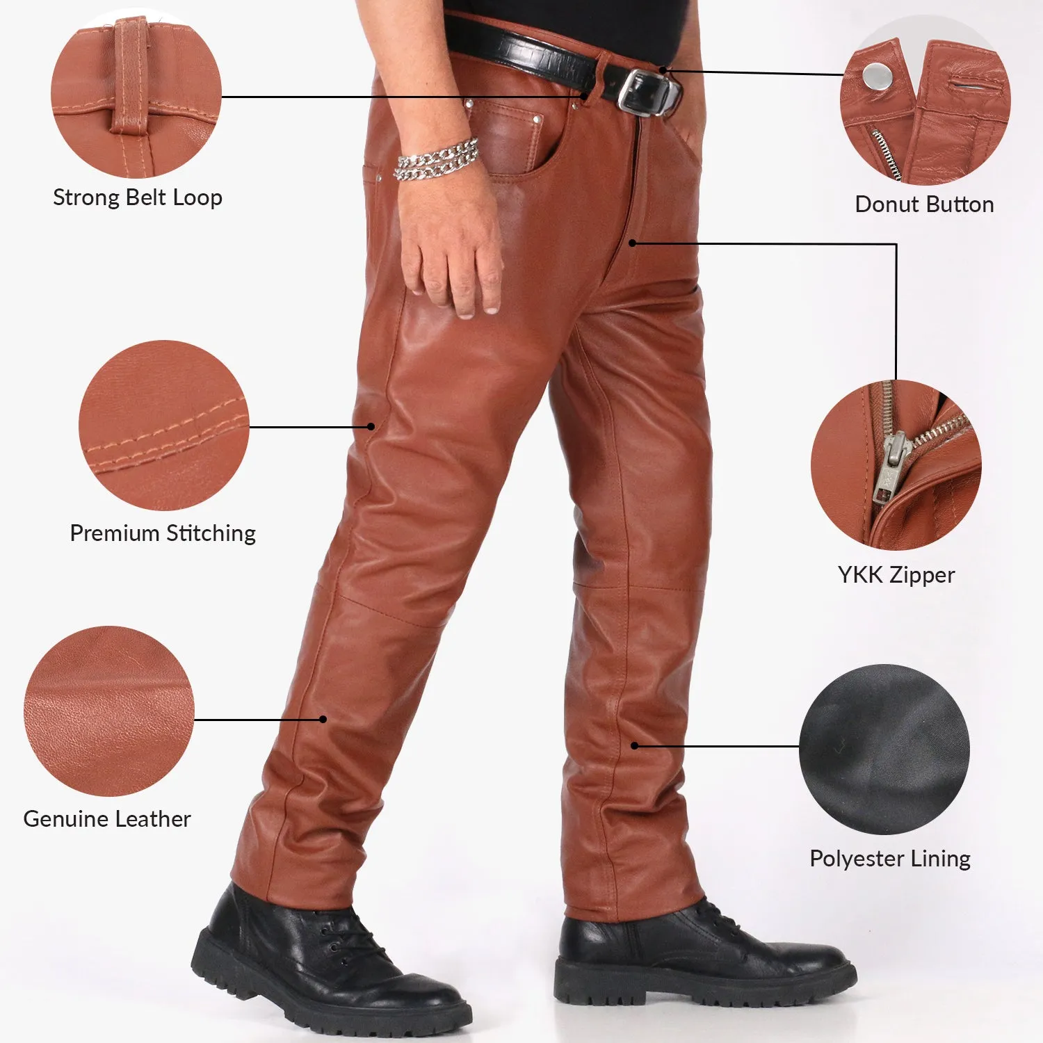 Thalor Men's Tan Slim Fit Leather Pants