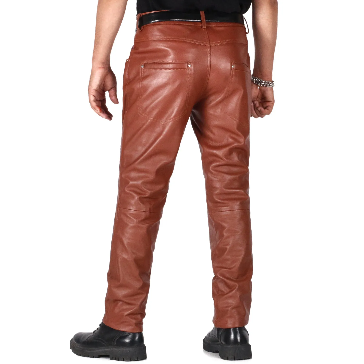Thalor Men's Tan Slim Fit Leather Pants
