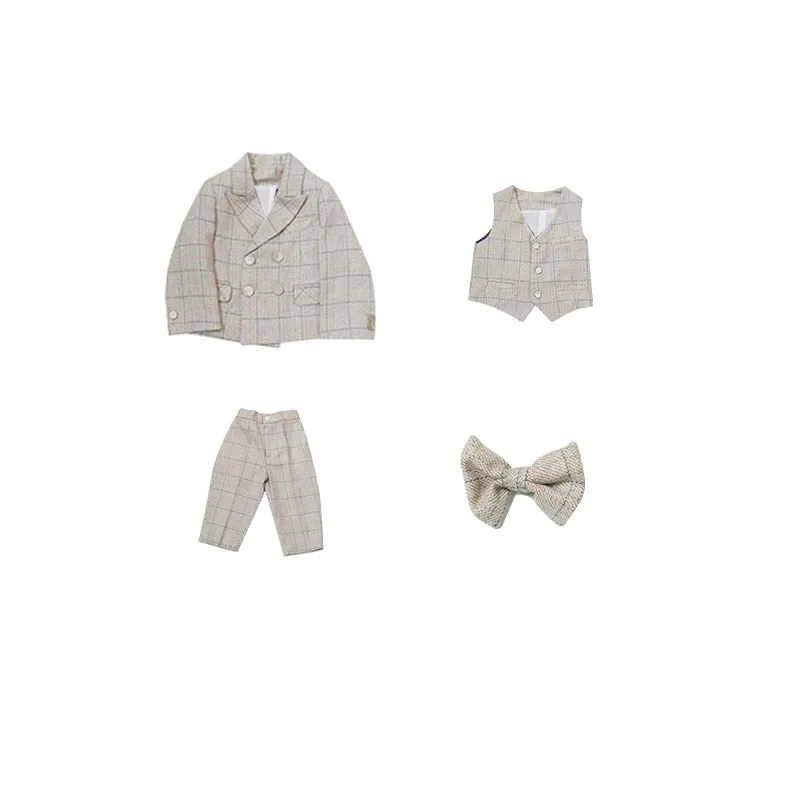 Timeless Beige Plaid Boys Suit Set