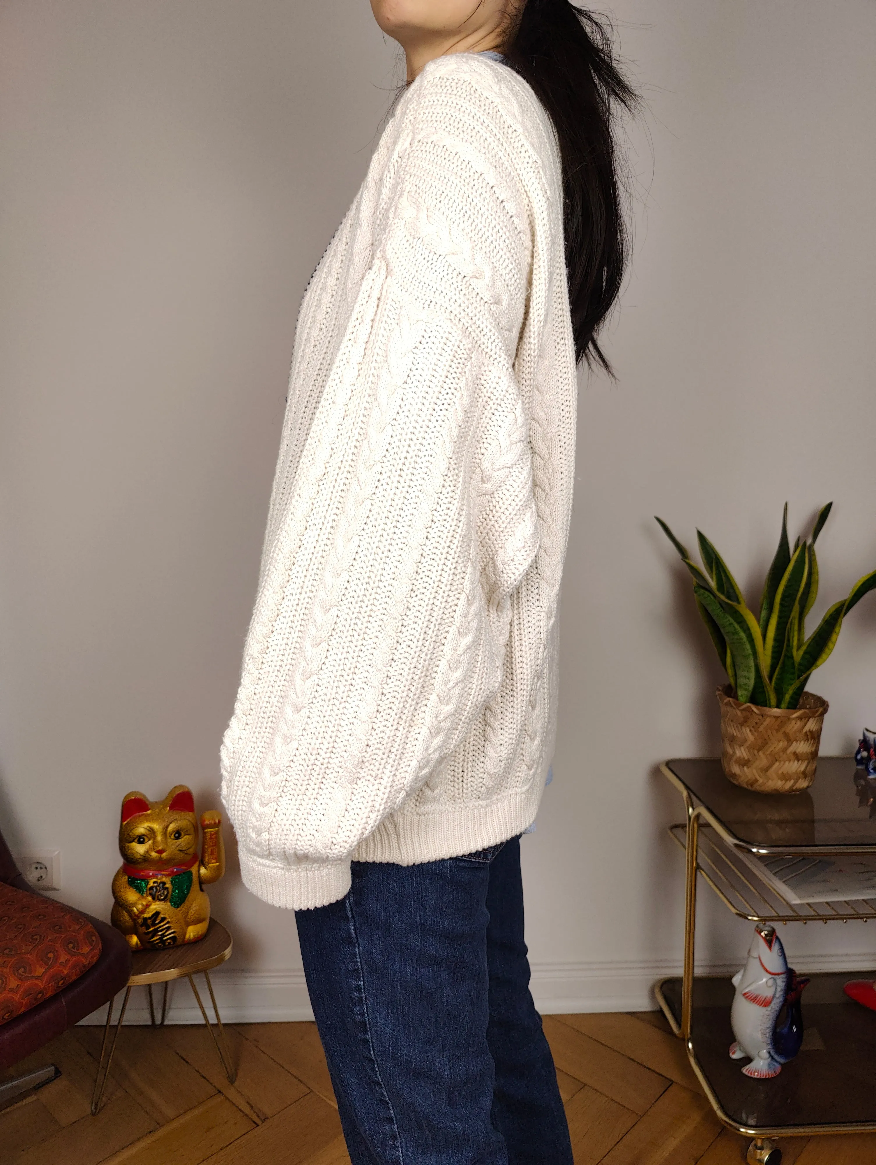 Vintage cotton cardigan M L | white college cable knit knitted jacket women