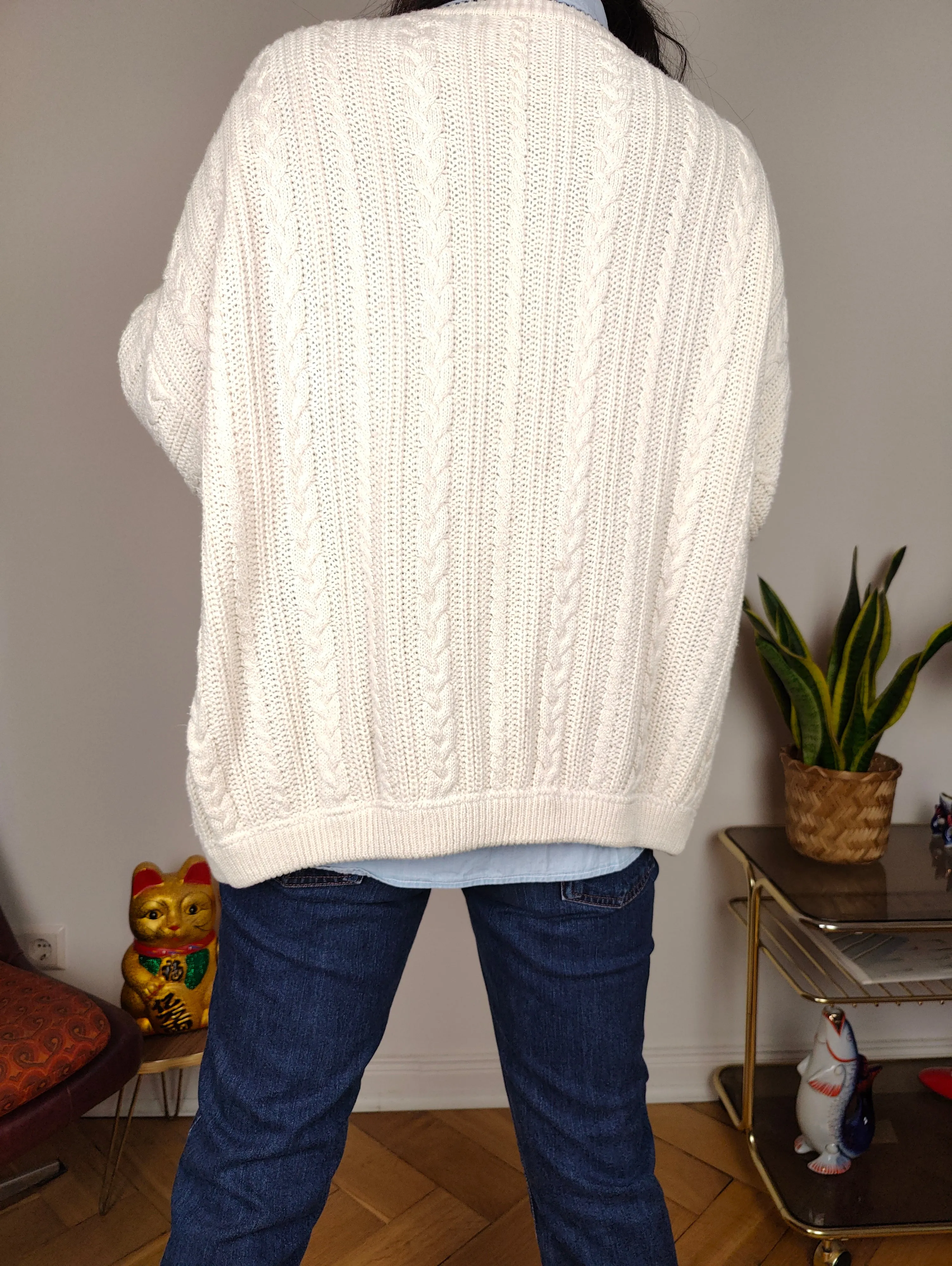 Vintage cotton cardigan M L | white college cable knit knitted jacket women