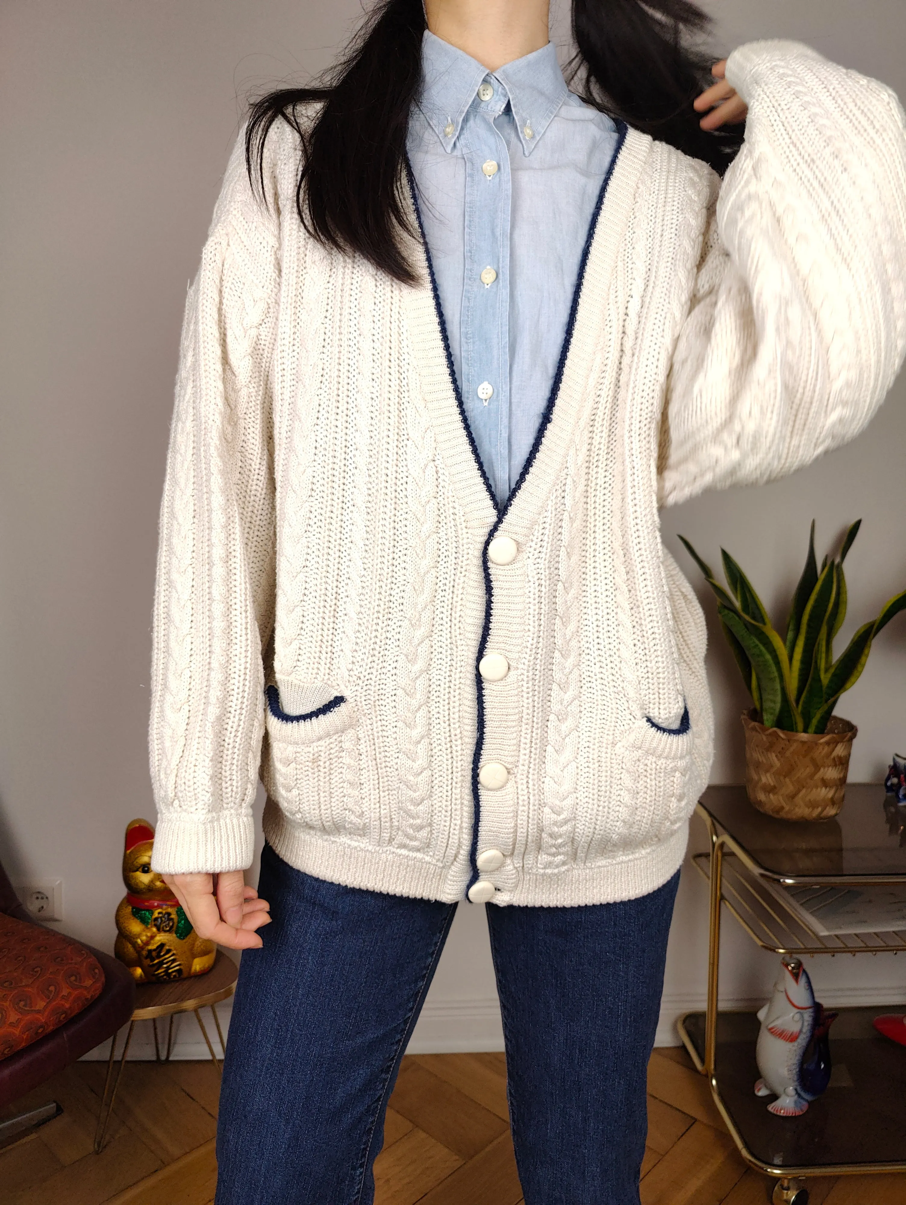 Vintage cotton cardigan M L | white college cable knit knitted jacket women