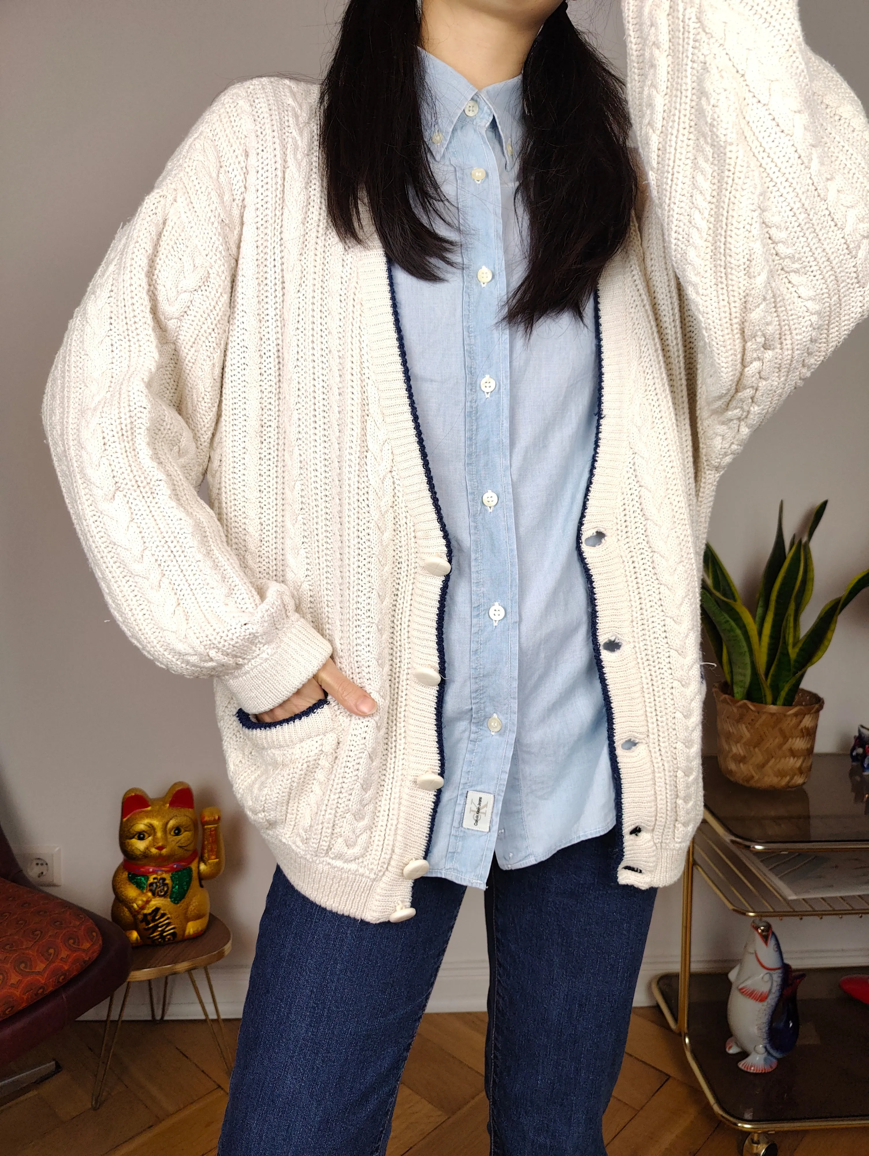 Vintage cotton cardigan M L | white college cable knit knitted jacket women