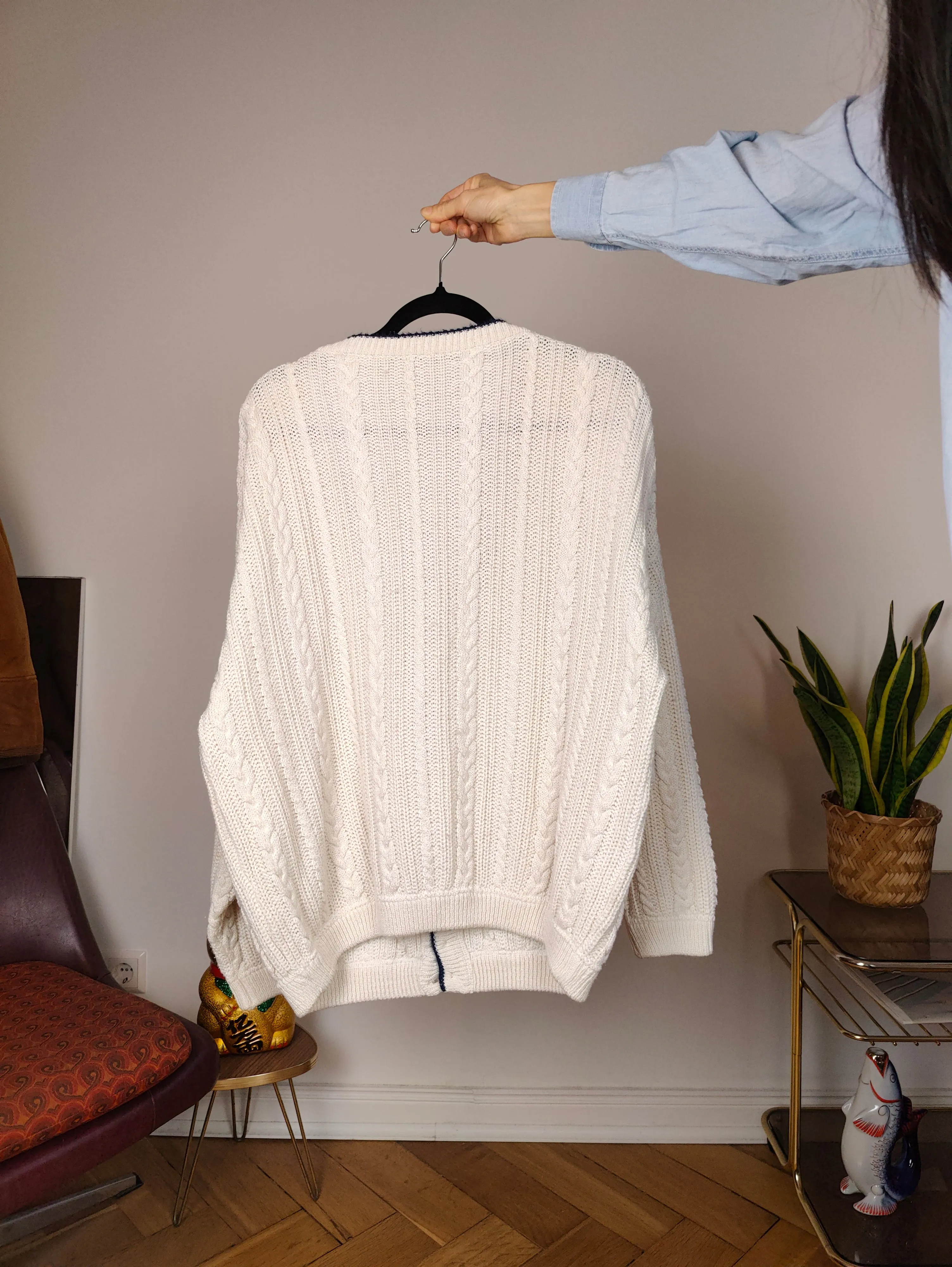 Vintage cotton cardigan M L | white college cable knit knitted jacket women