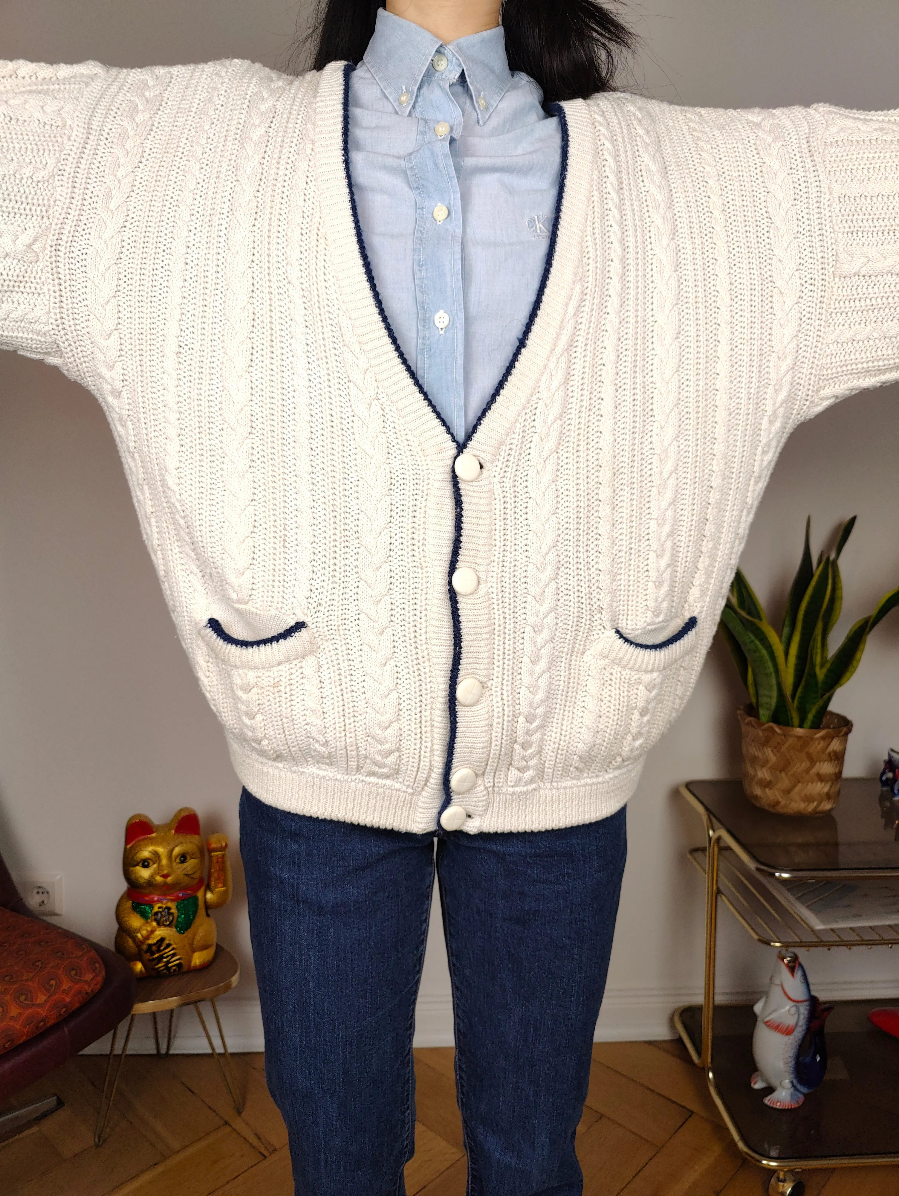 Vintage cotton cardigan M L | white college cable knit knitted jacket women