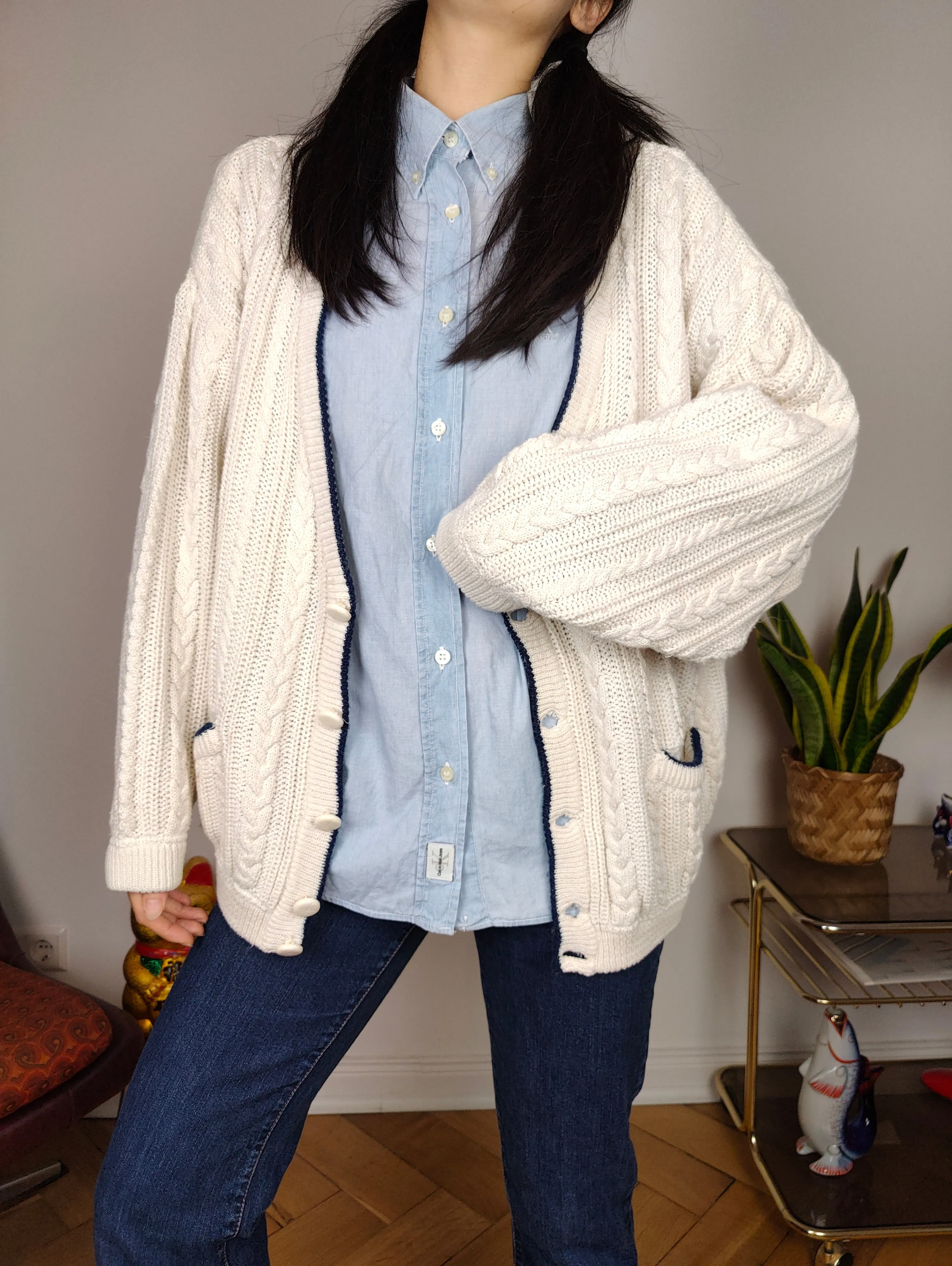 Vintage cotton cardigan M L | white college cable knit knitted jacket women