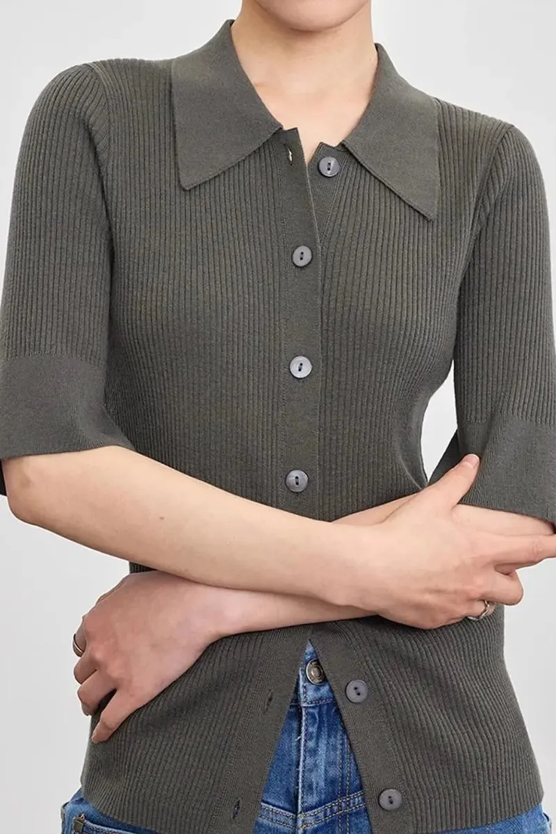 Washable Wool Blend Rib Knit Elbow Sleeve Polo Cardigan