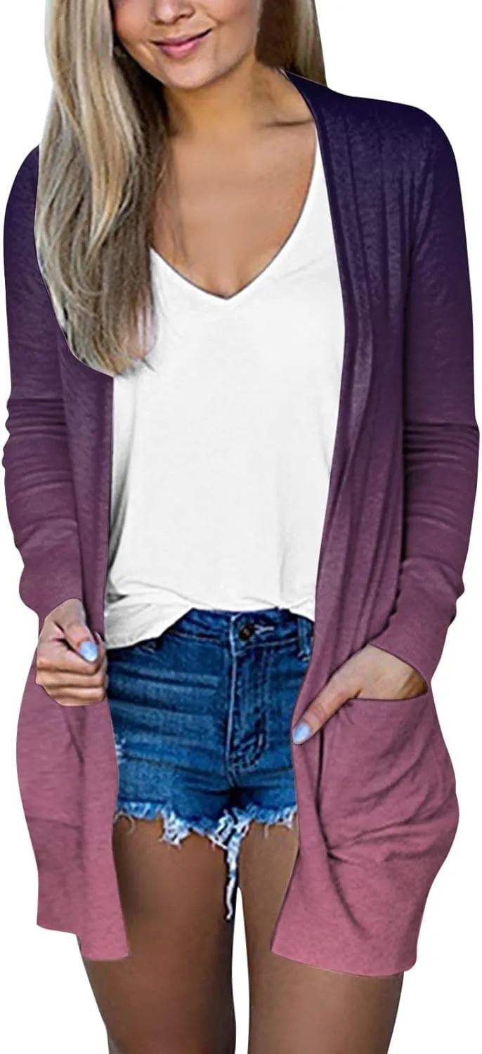 Women Lightweight Ombre Cardigans Open Front Long Sleeve Fall Knitted Draped Duster Cardigan Coats with Pockets