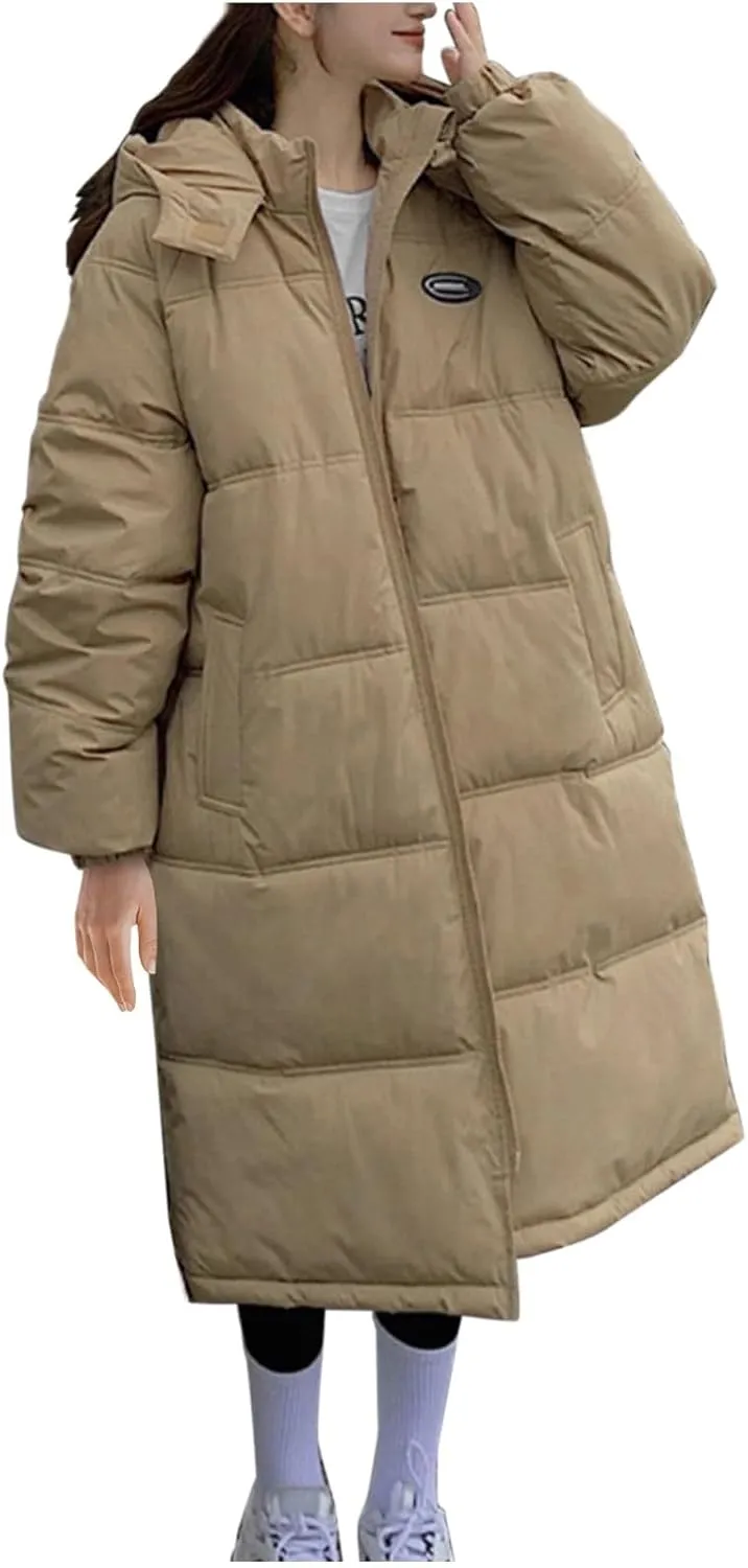 Women Puffer Jacket Cotton Clothes Solid Color Length Loose Jacket Hooded Windproof Comfortable Warm Down Cotton