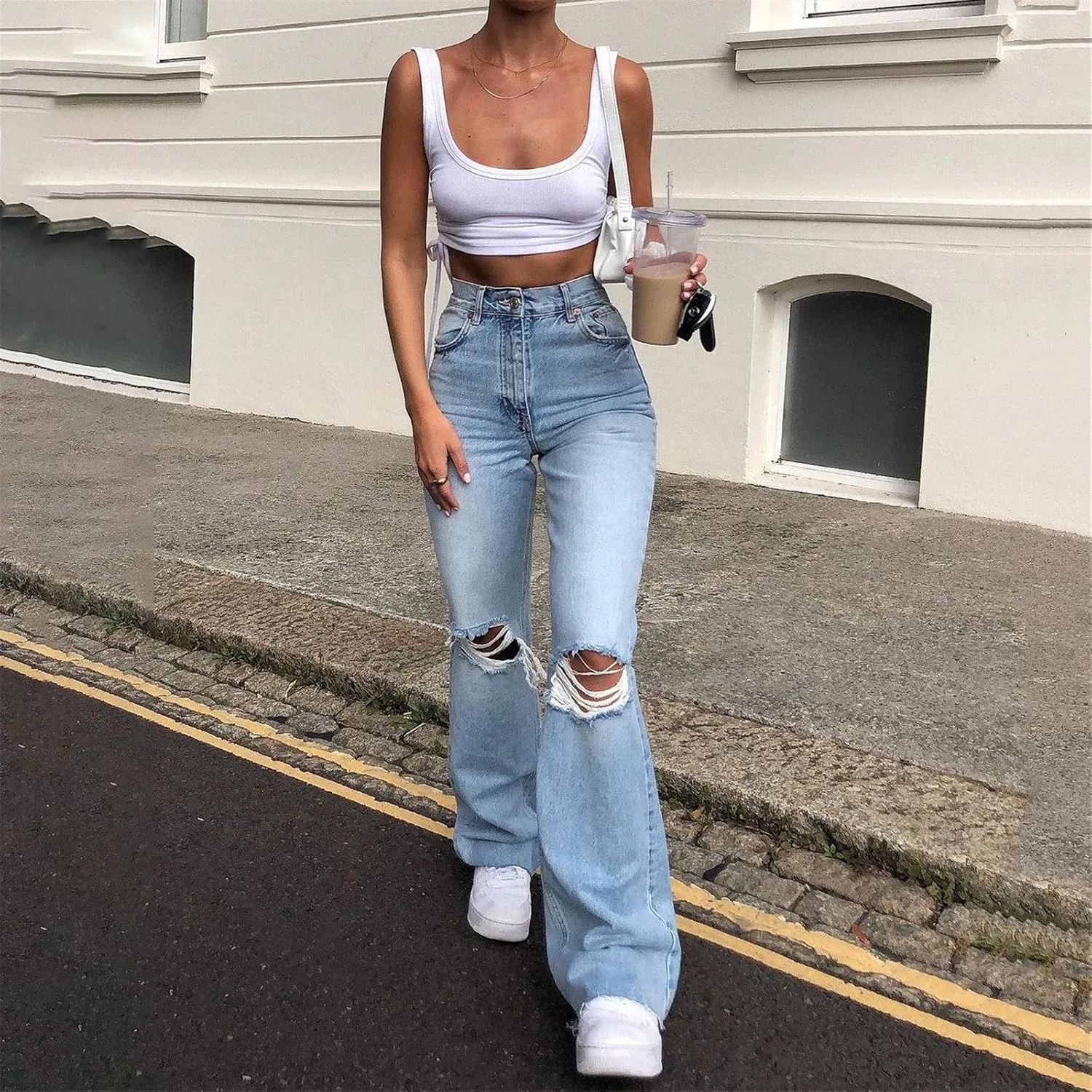 Women Ripped Boyfriends Jeans High Waist Casual Straight Leg Cargo Jeans Flared Jeans Trousers