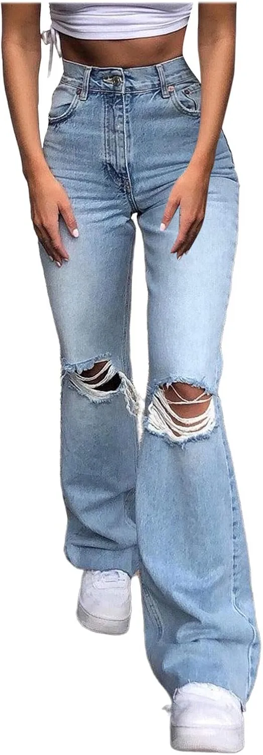 Women Ripped Boyfriends Jeans High Waist Casual Straight Leg Cargo Jeans Flared Jeans Trousers